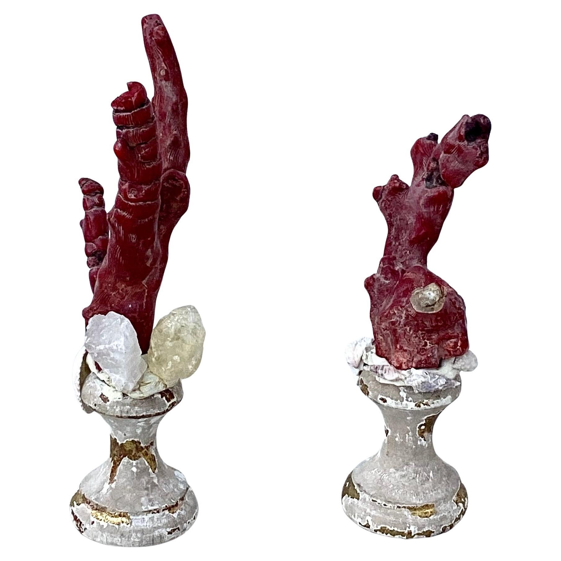 Organic Modern Pair Natural Red Coral Mounted On 18th Century Giltwood Fragments For Sale