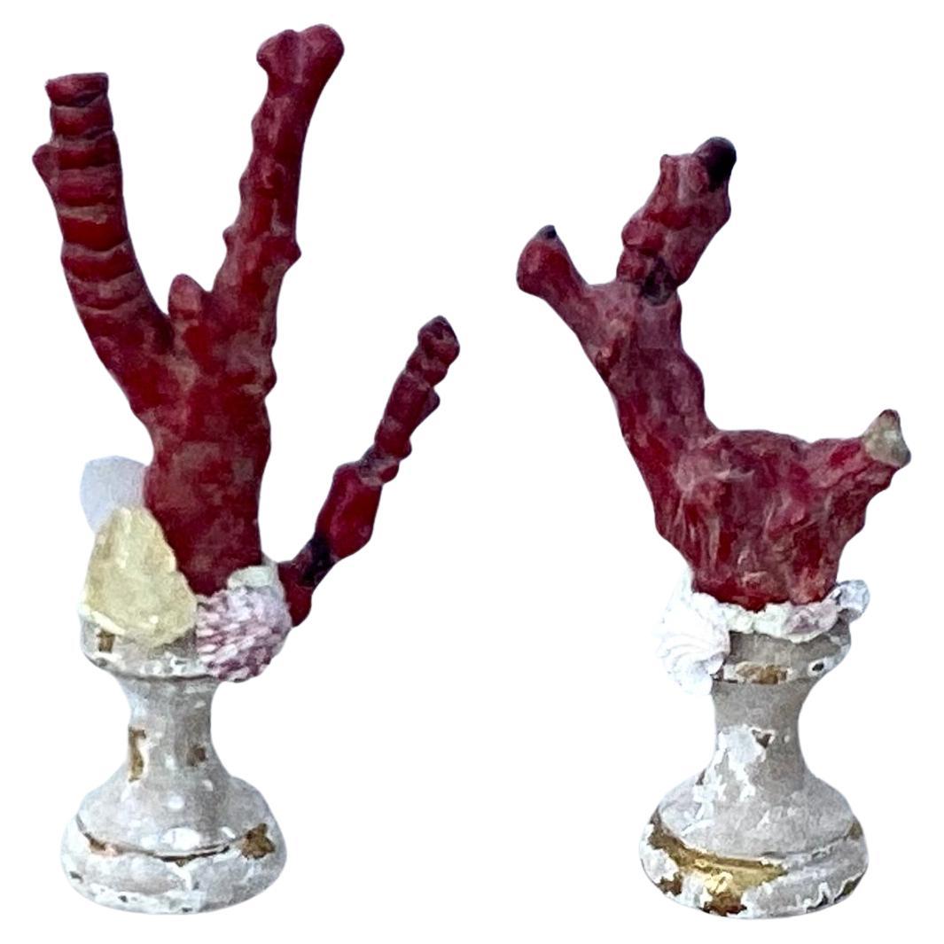 Italian Pair Natural Red Coral Mounted On 18th Century Giltwood Fragments For Sale