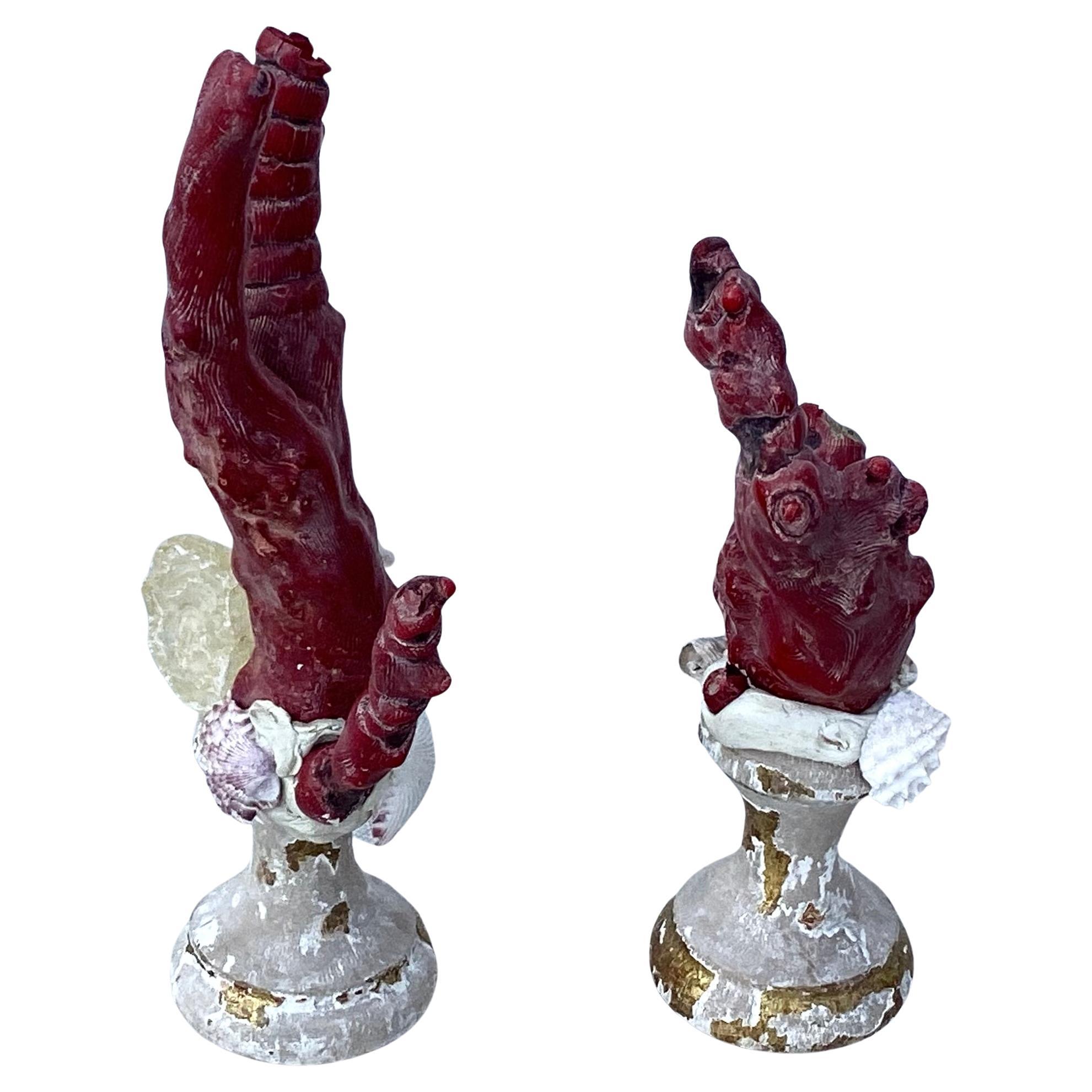 Pair Natural Red Coral Mounted On 18th Century Giltwood Fragments In Good Condition For Sale In Bradenton, FL