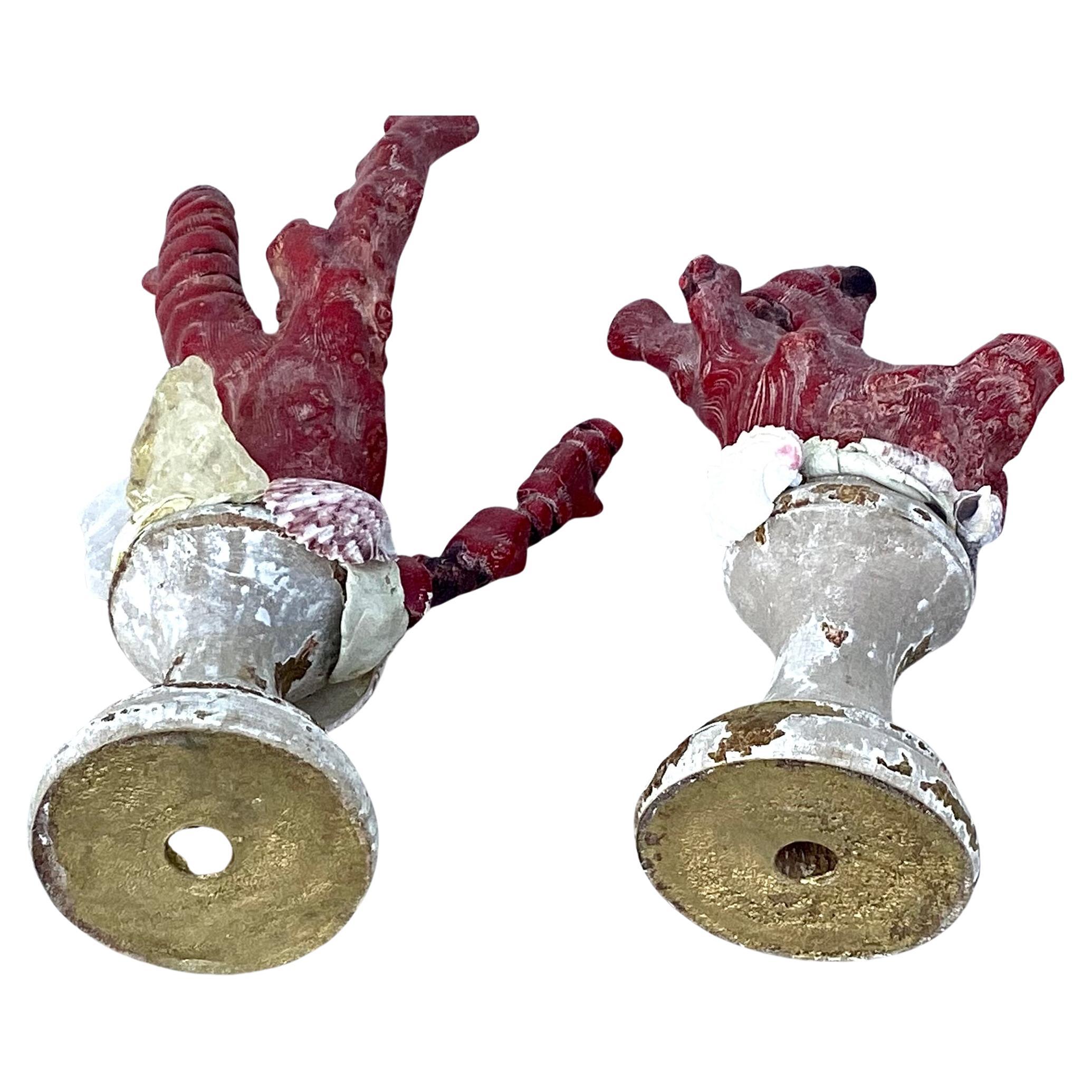 20th Century Pair Natural Red Coral Mounted On 18th Century Giltwood Fragments For Sale
