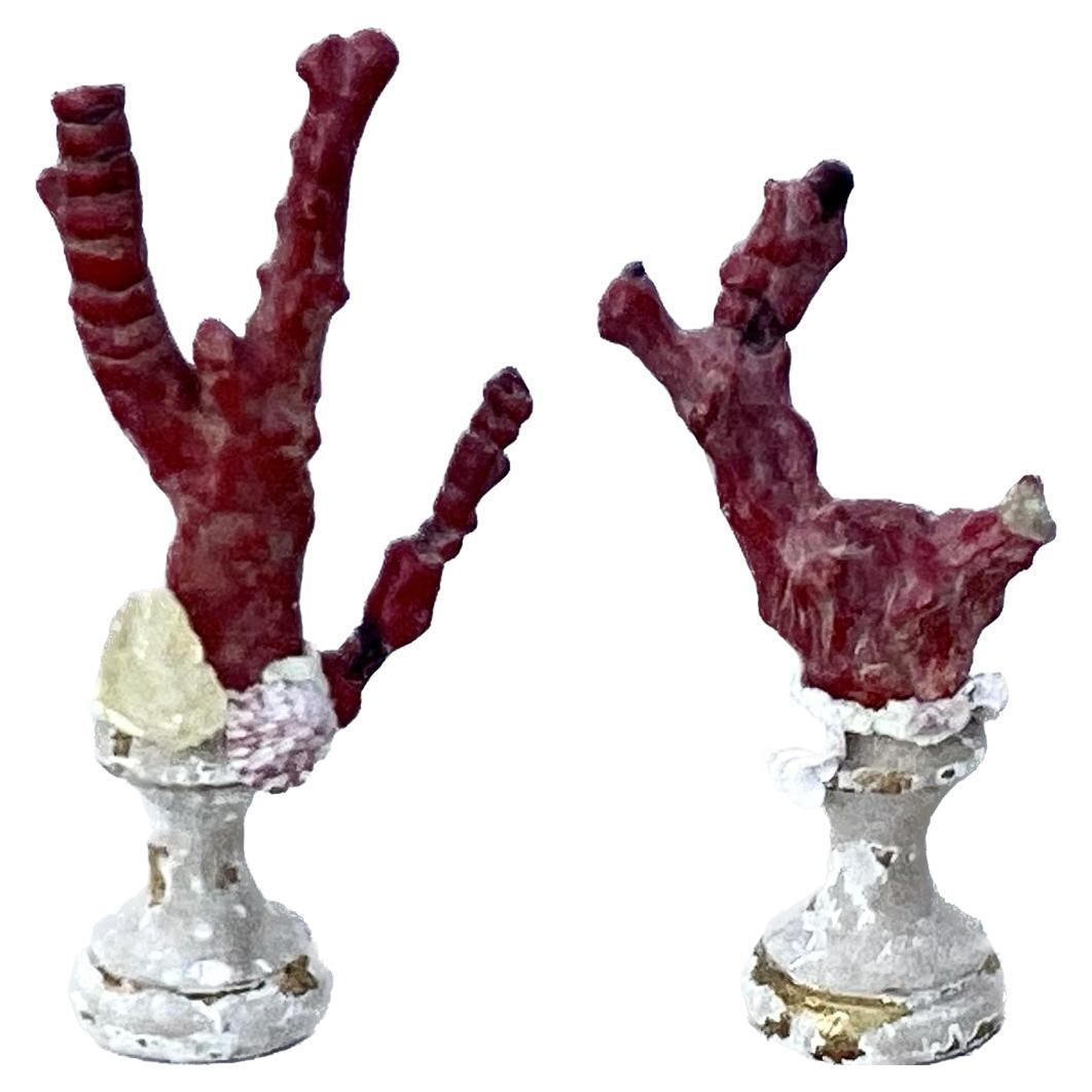Pair Natural Red Coral Mounted On 18th Century Giltwood Fragments