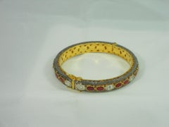 Pair - Natural rose cut uncut diamond ruby yellow gold plated silver bracelets