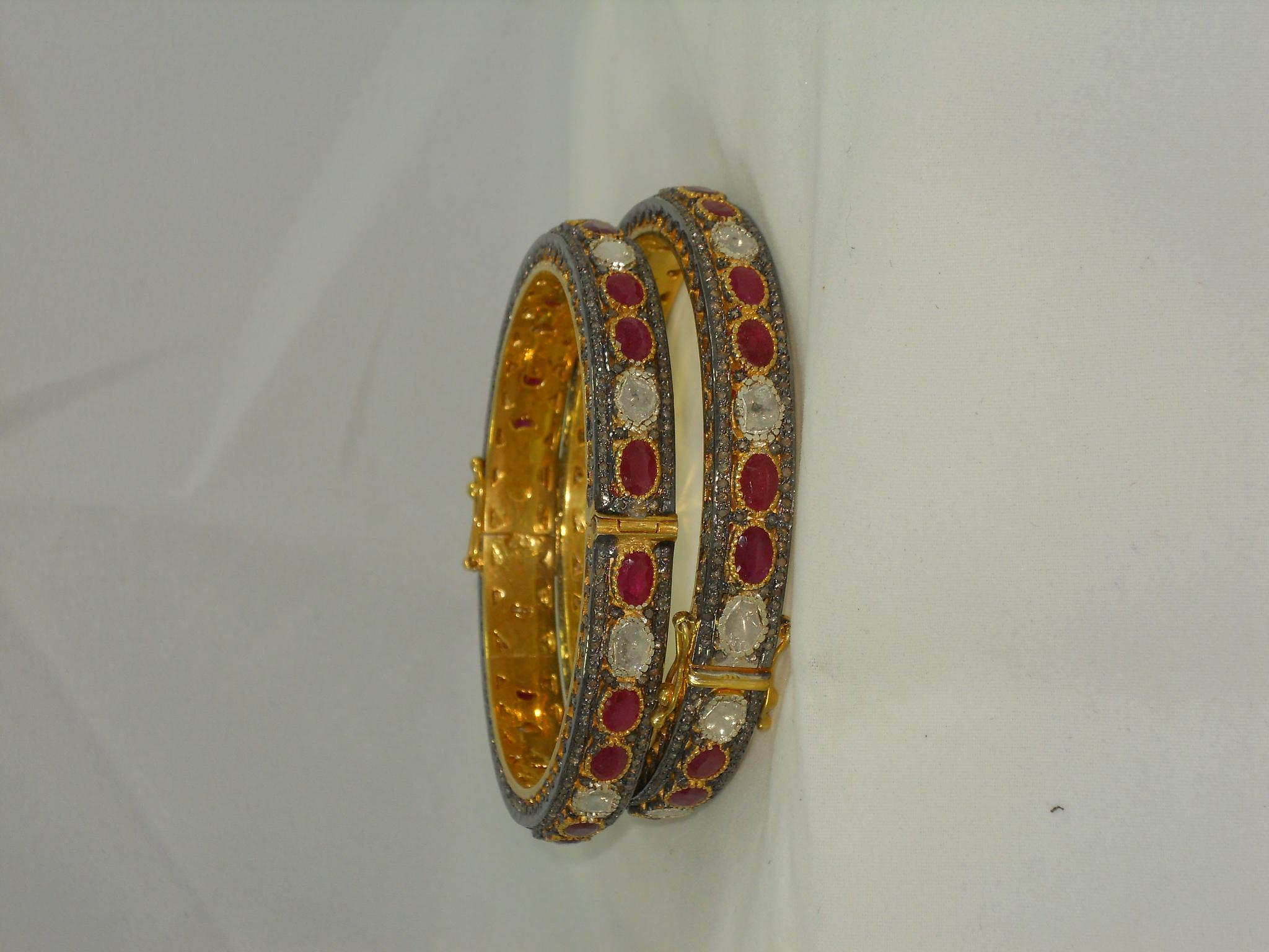 Retro Pair - Natural rose cut uncut diamond ruby yellow gold plated silver bracelets For Sale