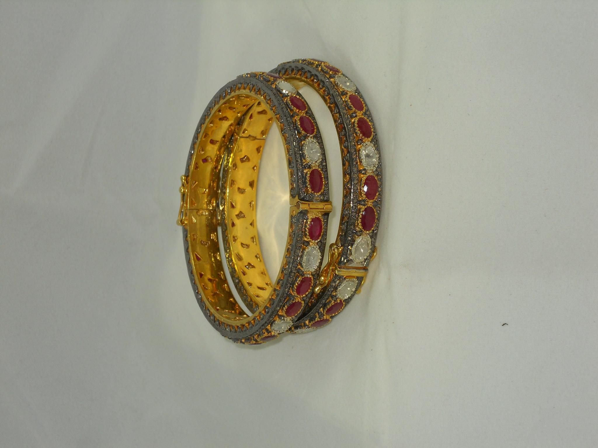 Pair - Natural rose cut uncut diamond ruby yellow gold plated silver bracelets In New Condition For Sale In Delhi, DL