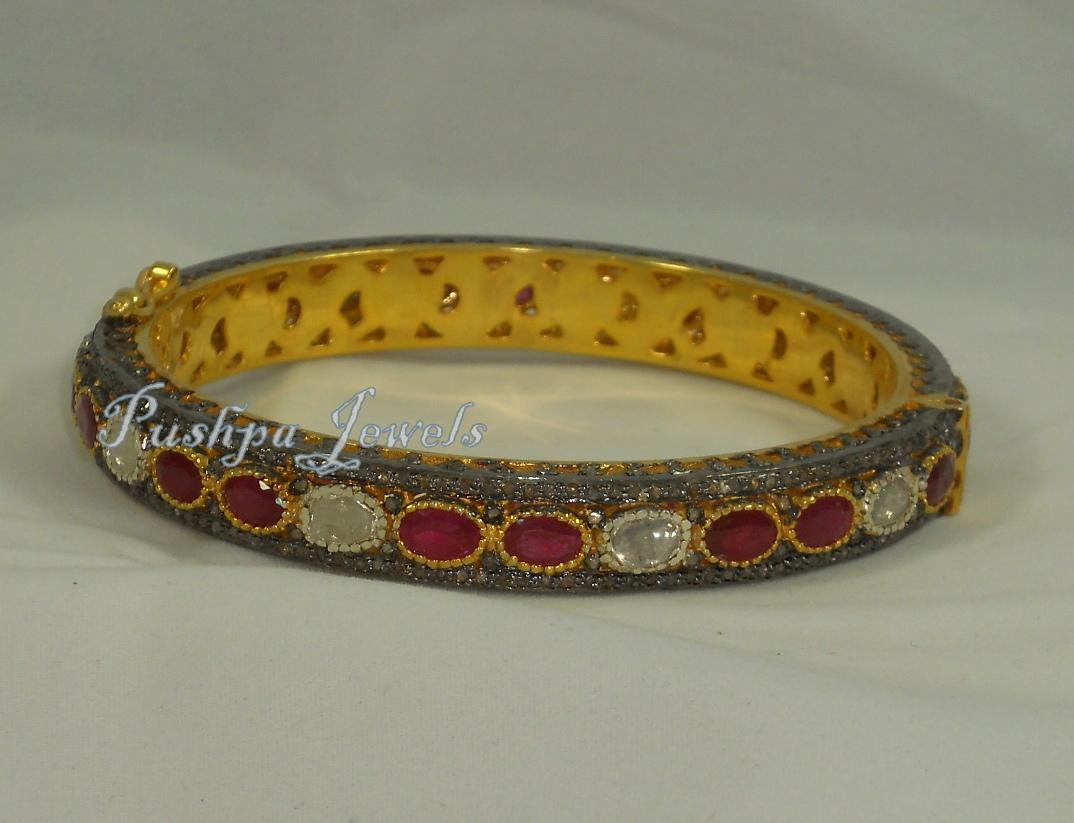 Women's or Men's Pair - Natural rose cut uncut diamond ruby yellow gold plated silver bracelets For Sale