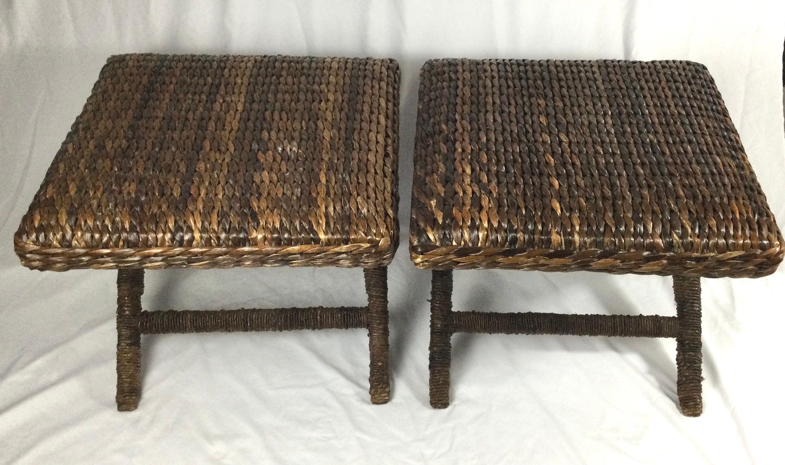 Pair of Natural Woven X Base Benches with Wrapped Rattan Legs For Sale 2