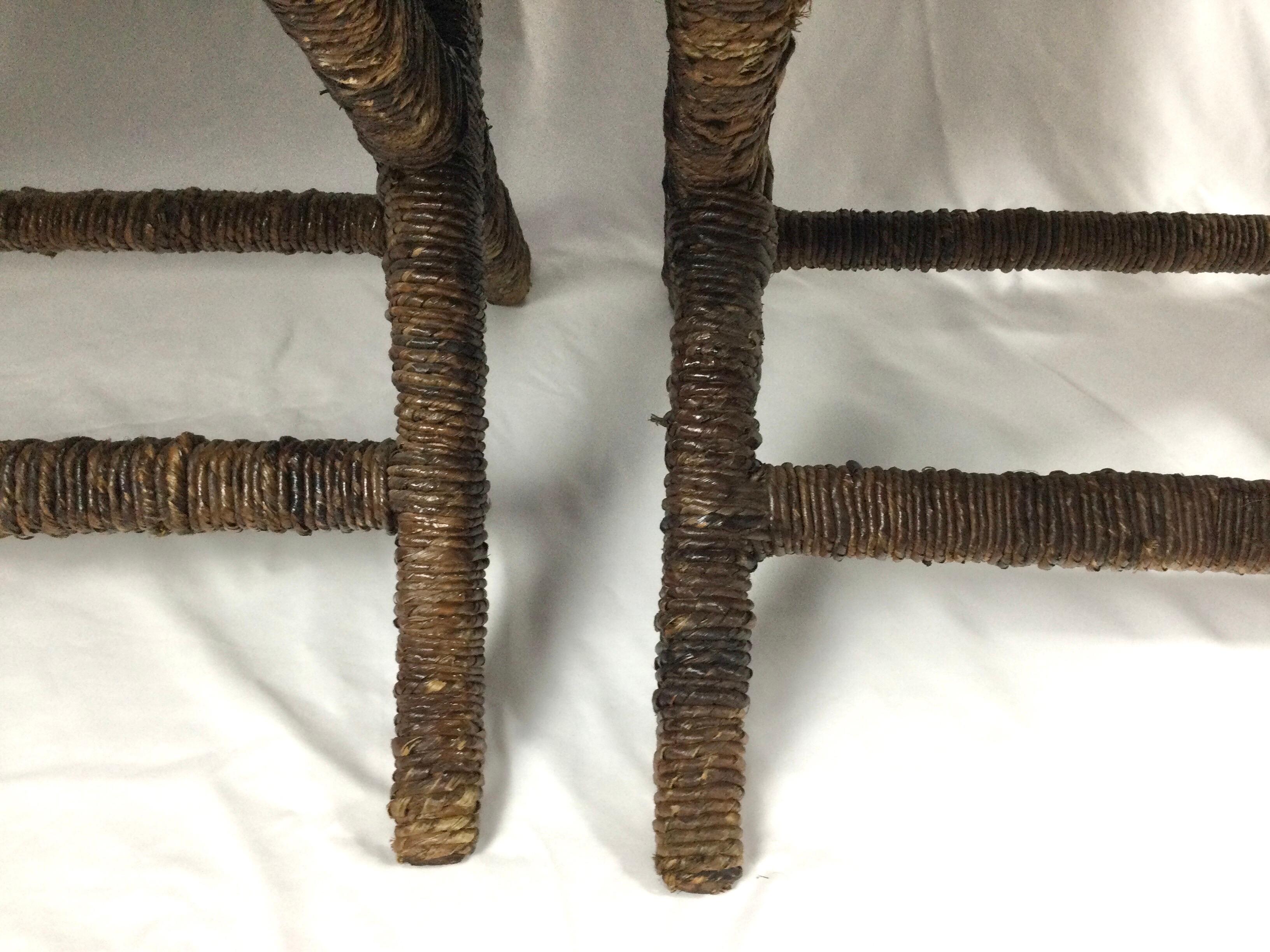 Pair of Natural Woven X Base Benches with Wrapped Rattan Legs For Sale 3