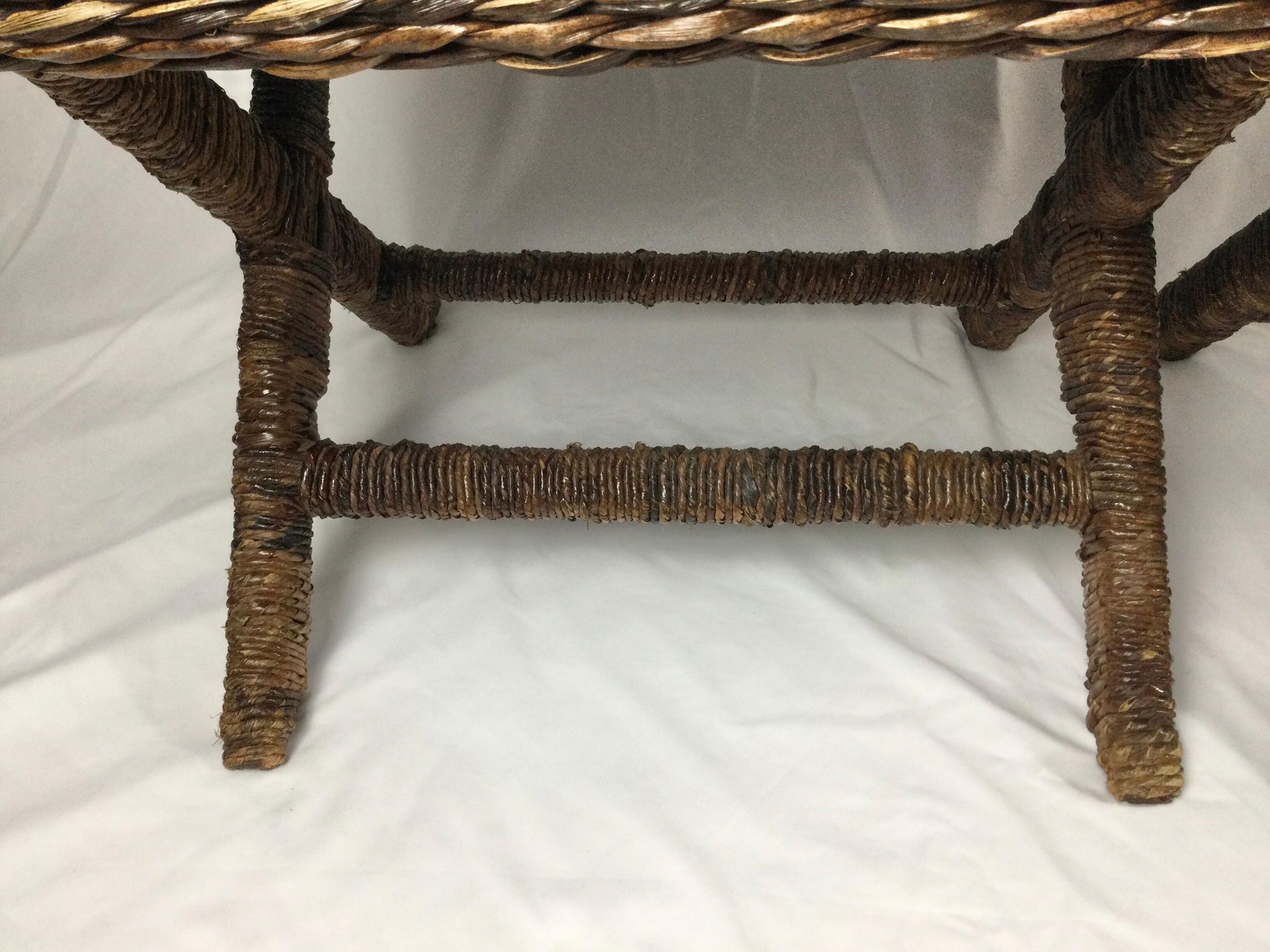Pair of Natural Woven X Base Benches with Wrapped Rattan Legs For Sale 4