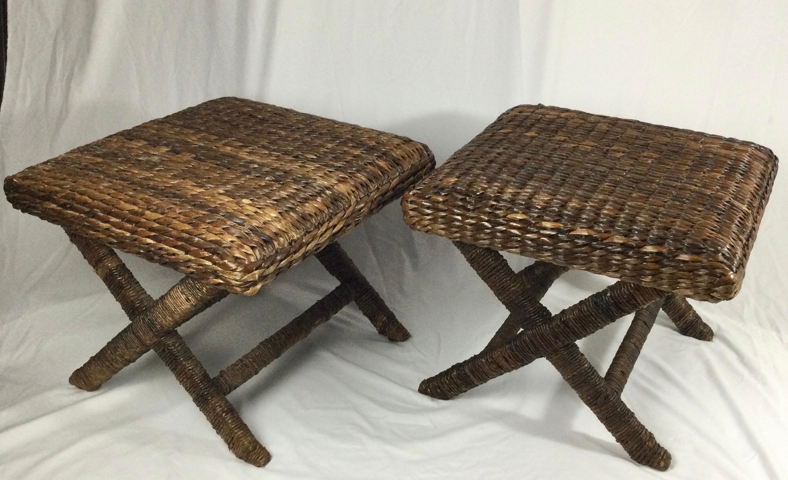 Great pair of X base benches. Natural woven rattan seat with contrasting wrapped legs and cross bar. Nice size, 20 by 20 by 17