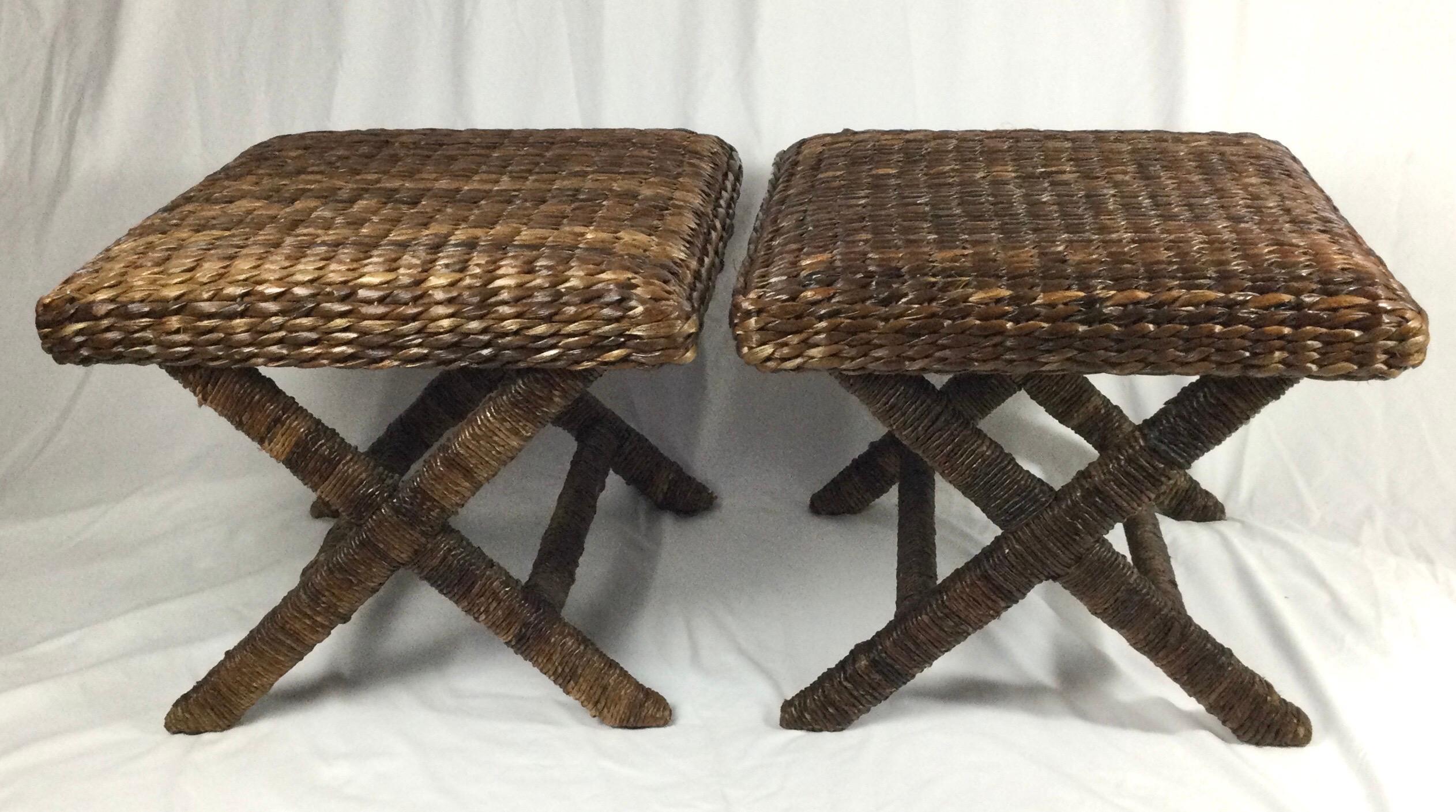 American Pair of Natural Woven X Base Benches with Wrapped Rattan Legs For Sale