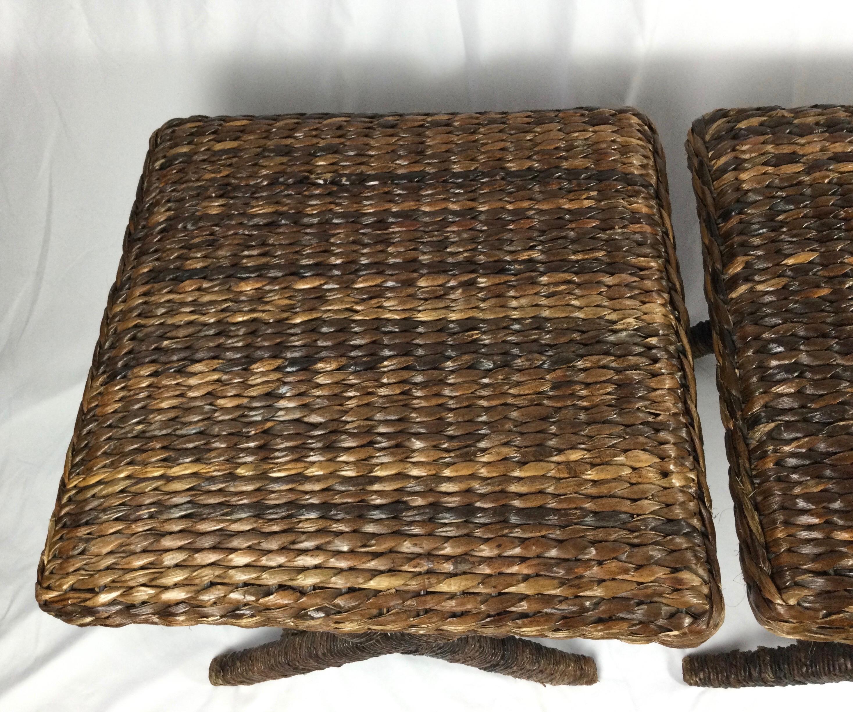 Contemporary Pair of Natural Woven X Base Benches with Wrapped Rattan Legs For Sale