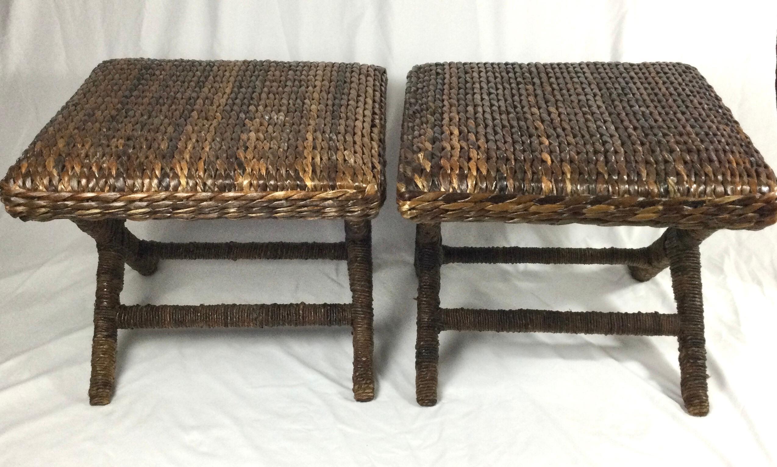 Pair of Natural Woven X Base Benches with Wrapped Rattan Legs For Sale 1