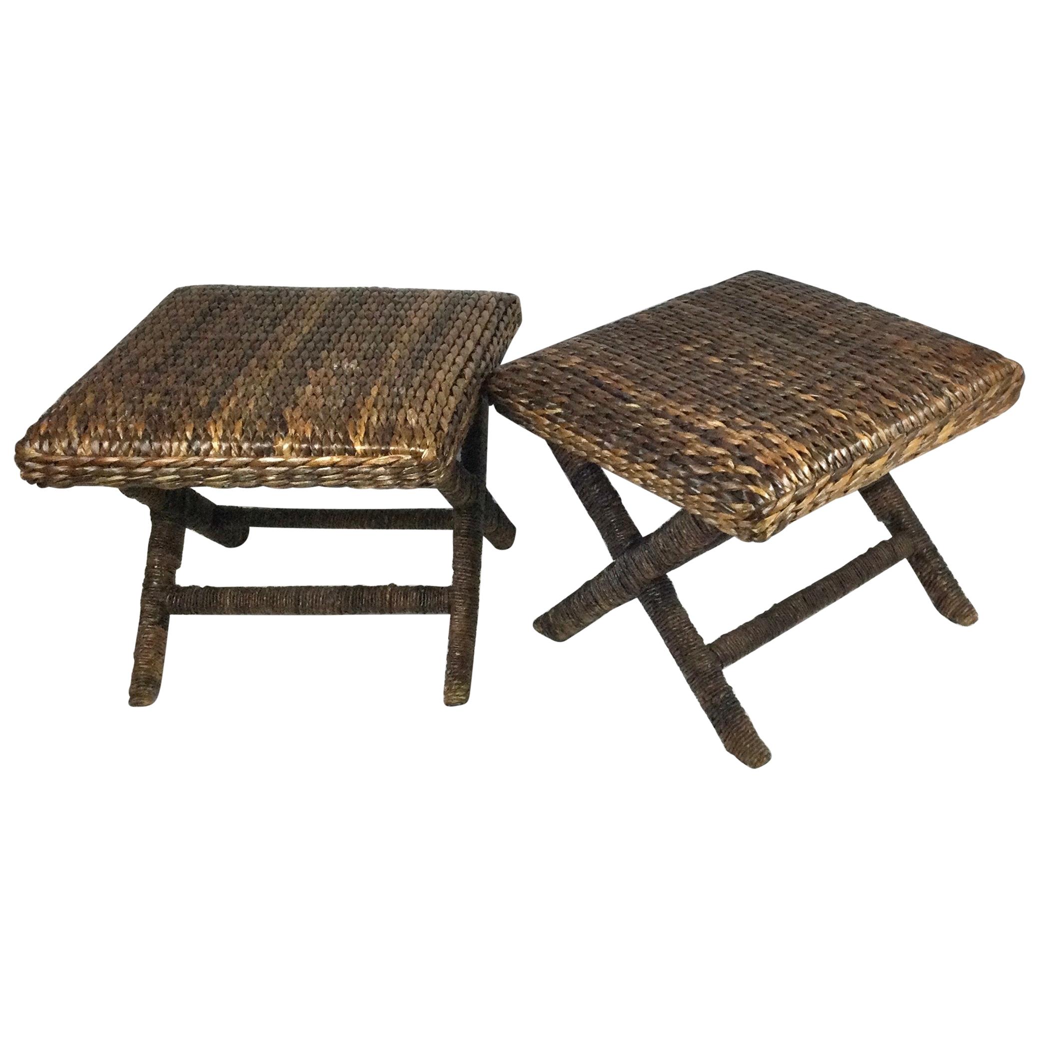 Pair of Natural Woven X Base Benches with Wrapped Rattan Legs