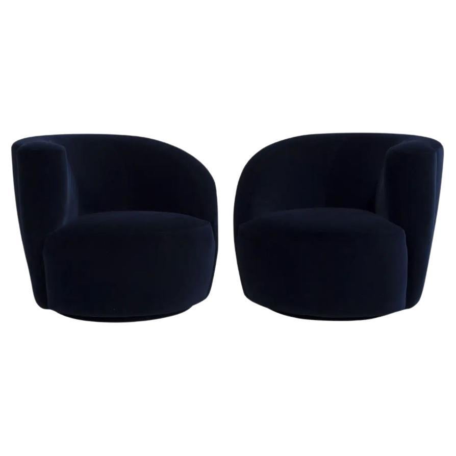 Pair Navy Blue Mohair Vladimir Kagan Nautilus "Corkscrew" Chairs For Sale
