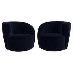 Used Pair Navy Blue Mohair Vladimir Kagan Nautilus "Corkscrew" Chairs