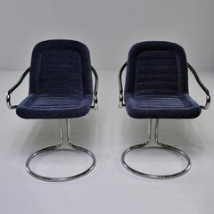 Pair of Navy Chenille Scoop Armchairs with Chrome Frames