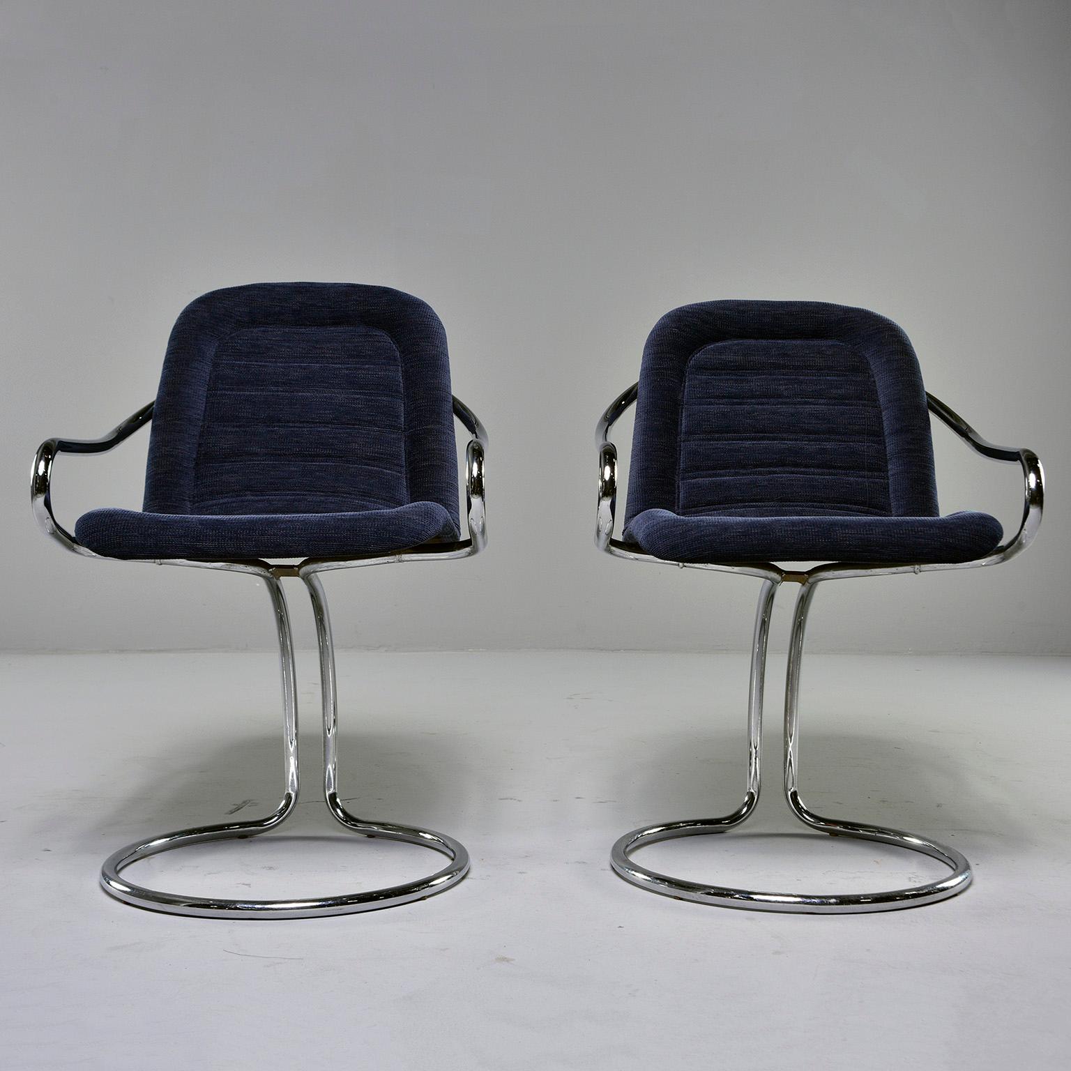 Mid-Century Modern Pair of Navy Chenille Scoop Armchairs with Chrome Frames For Sale