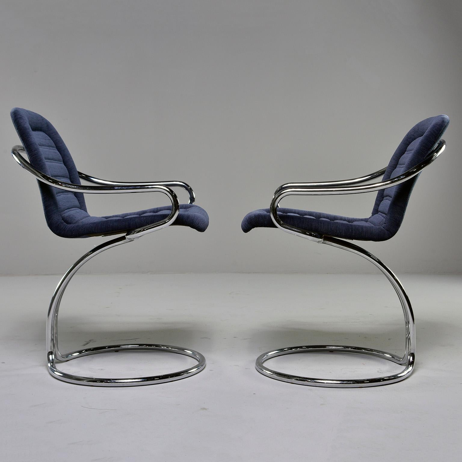 European Pair of Navy Chenille Scoop Armchairs with Chrome Frames For Sale