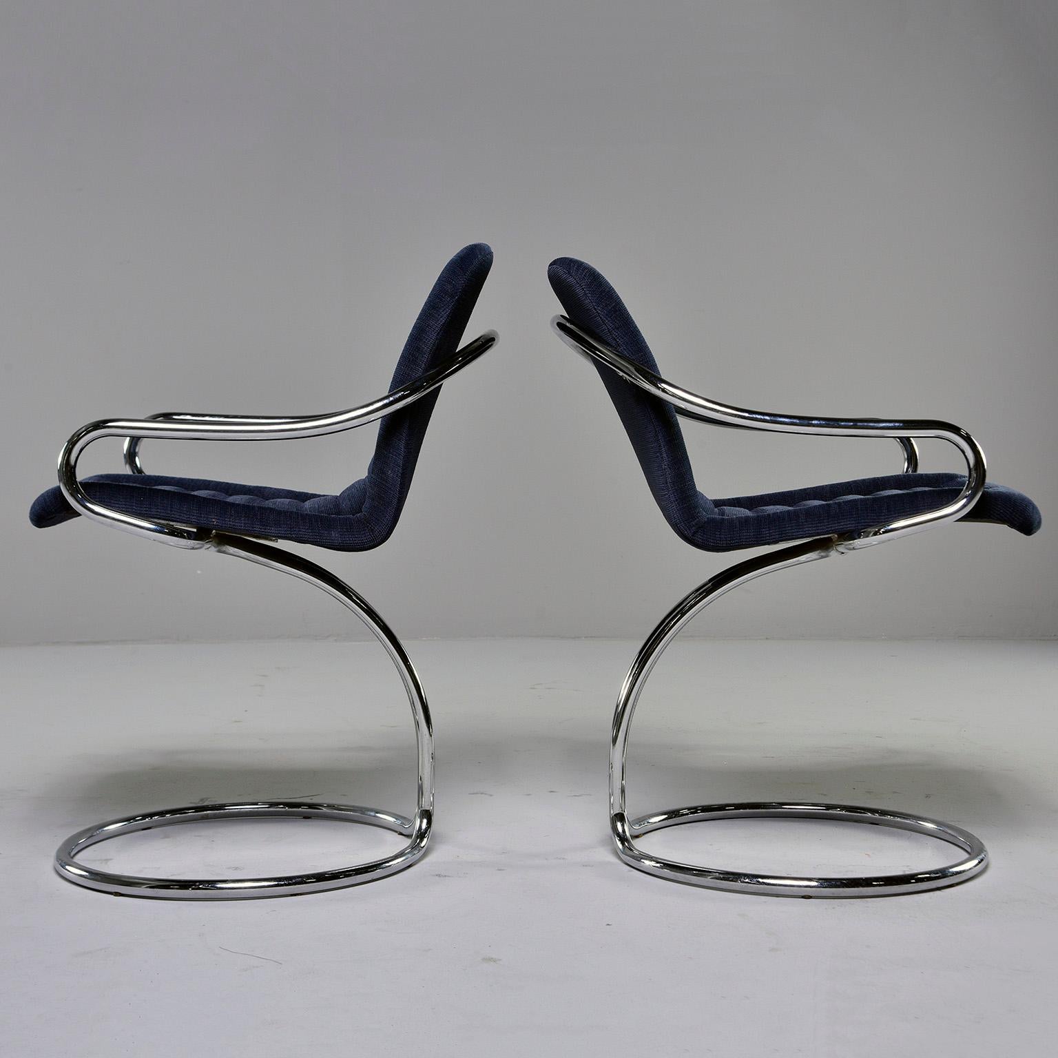Pair of Navy Chenille Scoop Armchairs with Chrome Frames In Excellent Condition For Sale In Troy, MI
