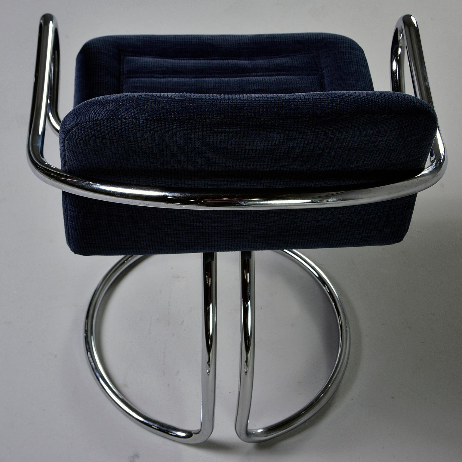 Pair of Navy Chenille Scoop Armchairs with Chrome Frames For Sale 1