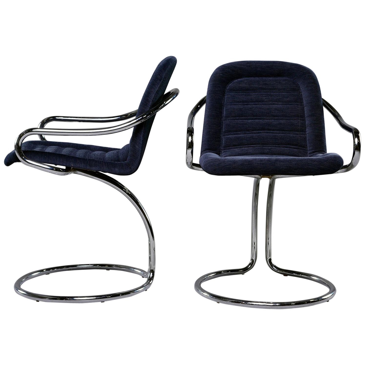 Pair of Navy Chenille Scoop Armchairs with Chrome Frames For Sale