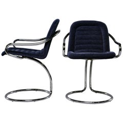 Retro Pair of Navy Chenille Scoop Armchairs with Chrome Frames