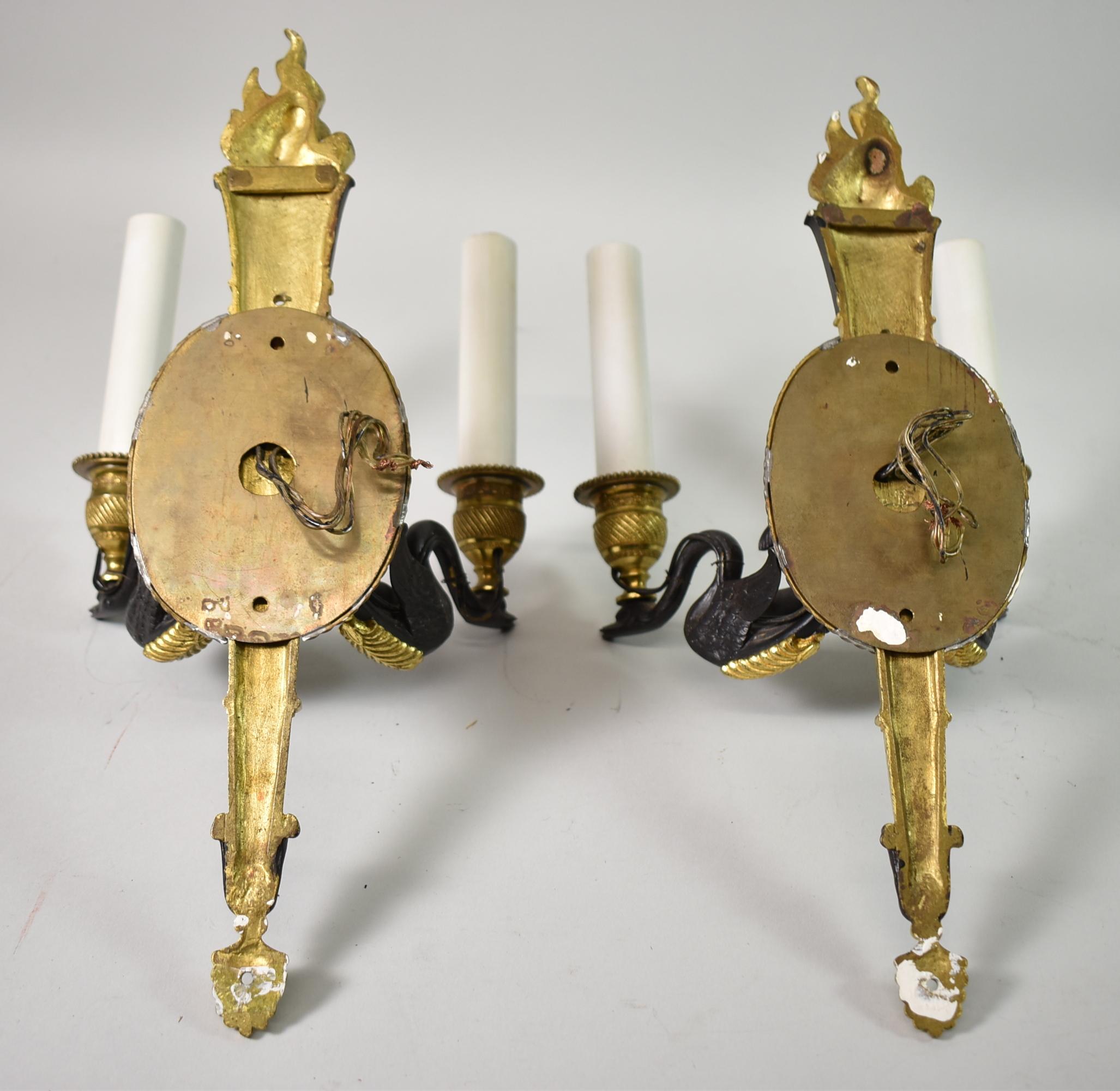 20th Century Pair Neo Classical Bronze Wall Sconces Black Swan Details