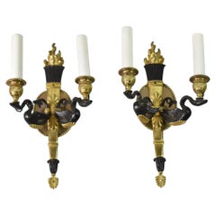 Pair Neo Classical Bronze Wall Sconces Black Swan Details