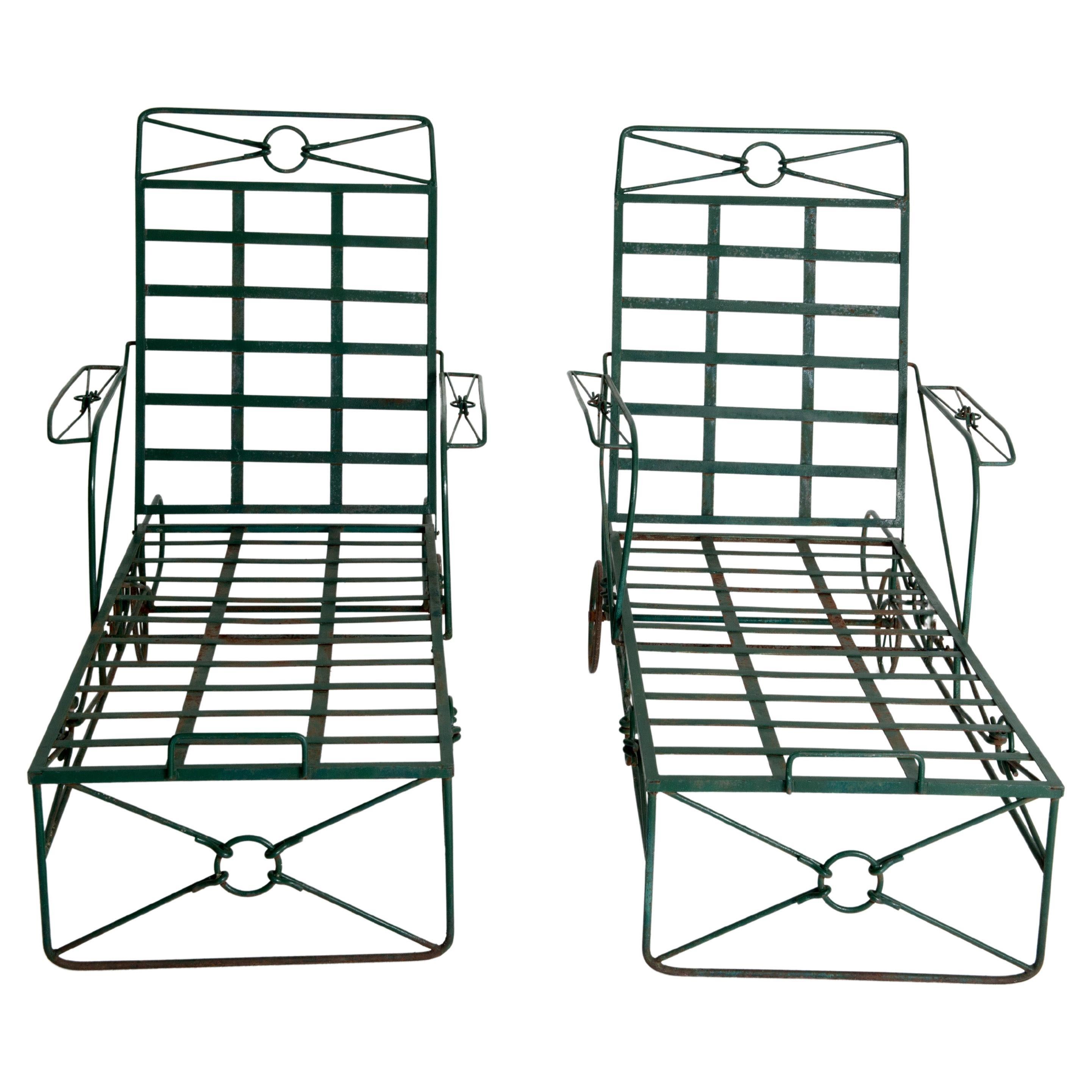Pair Neoclassic Wrought Iron Chaise Lounges, Salterini Style