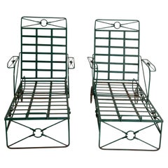 Pair Neoclassic Wrought Iron Chaise Lounges, Salterini Style