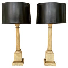 Pair Neoclassic Bronze Column Alabaster Table Lamps