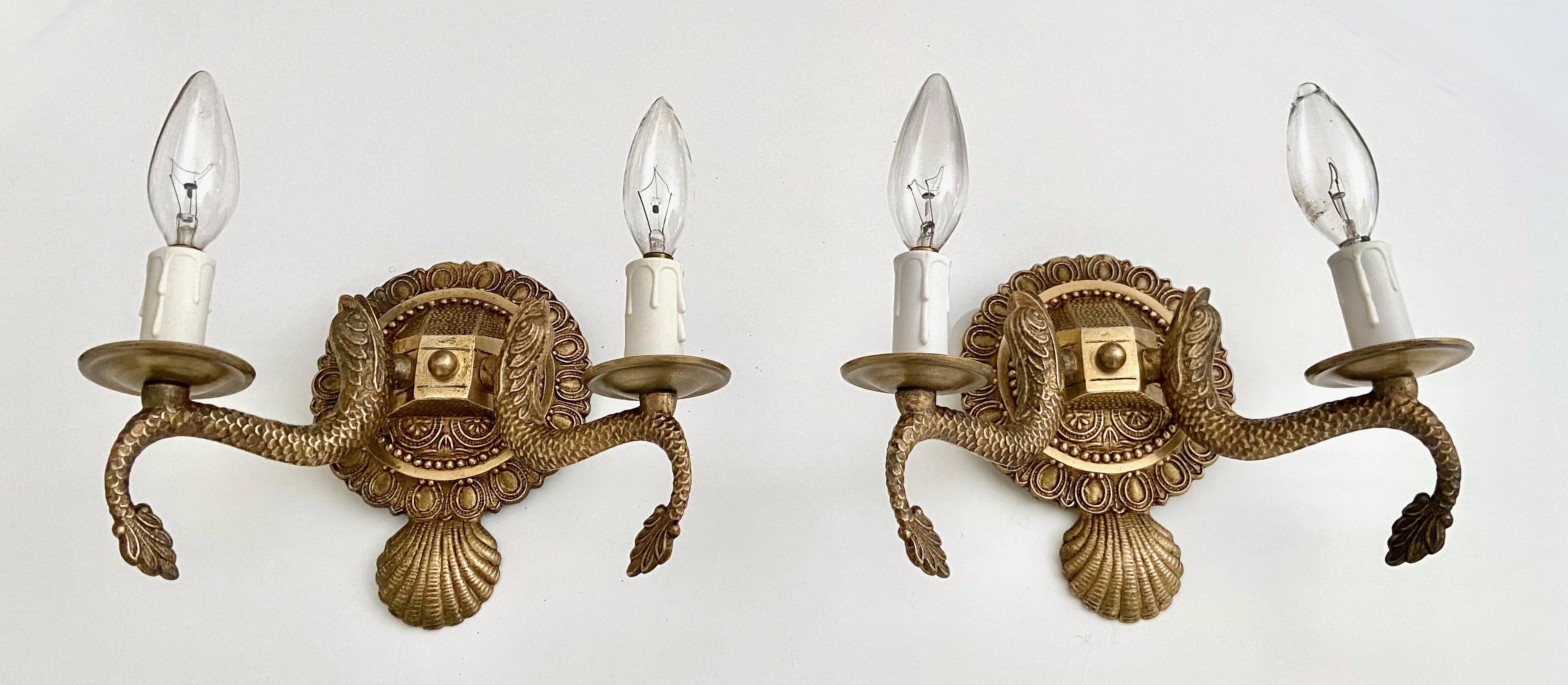 Pair Neoclassic Dolphin Shell Brass Wall Sconces For Sale 10