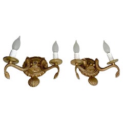 Pair Neoclassic Dolphin Shell Brass Wall Sconces
