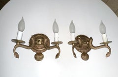 Pair Neoclassic Dolphin Shell Brass Wall Sconces