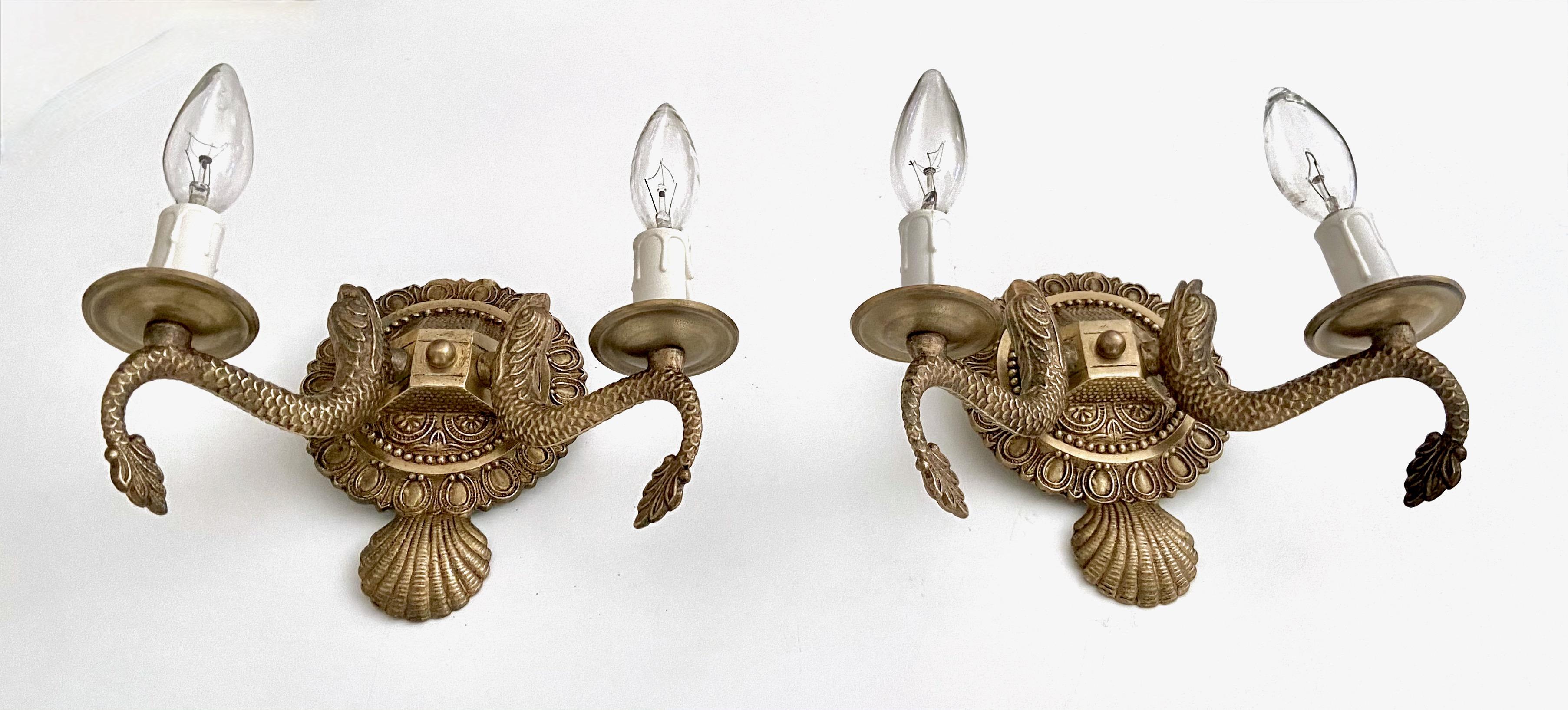 European Pair Neoclassic Dolphin Shell Brass Wall Sconces For Sale