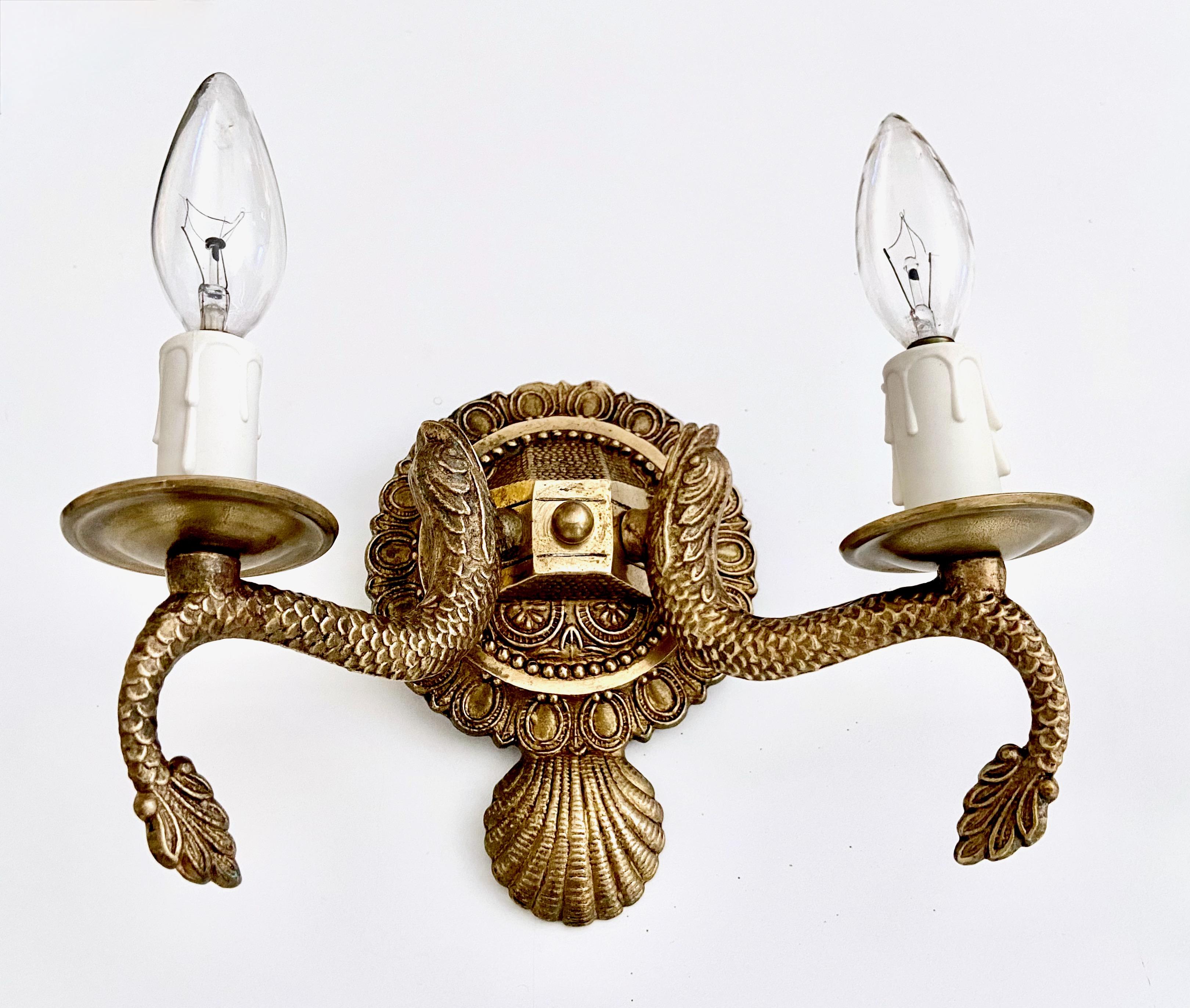Pair Neoclassic Dolphin Shell Brass Wall Sconces In Good Condition For Sale In Palm Springs, CA