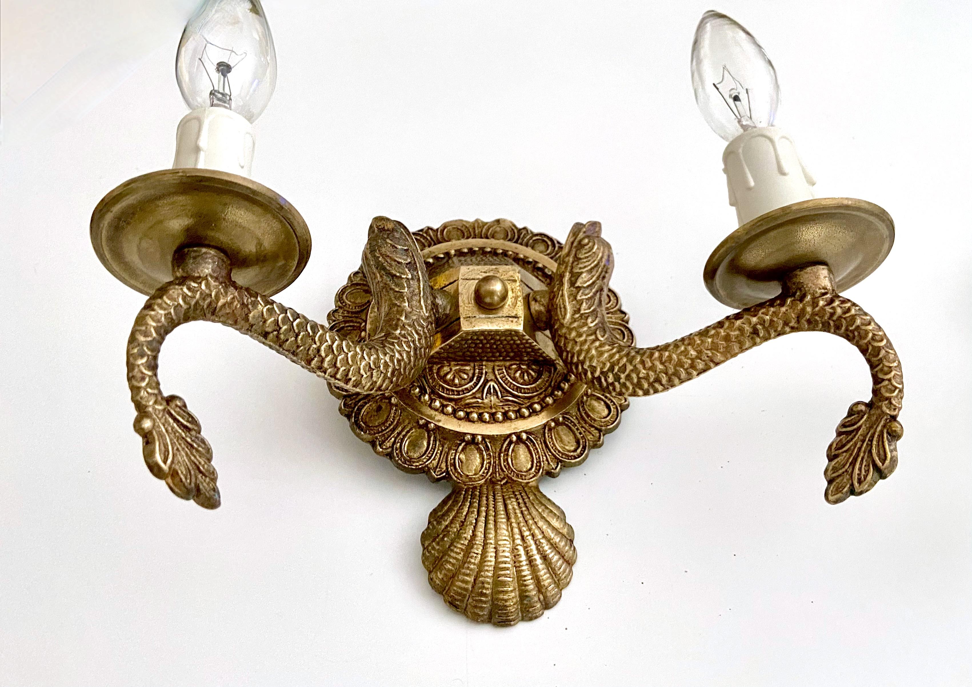 Mid-20th Century Pair Neoclassic Dolphin Shell Brass Wall Sconces For Sale
