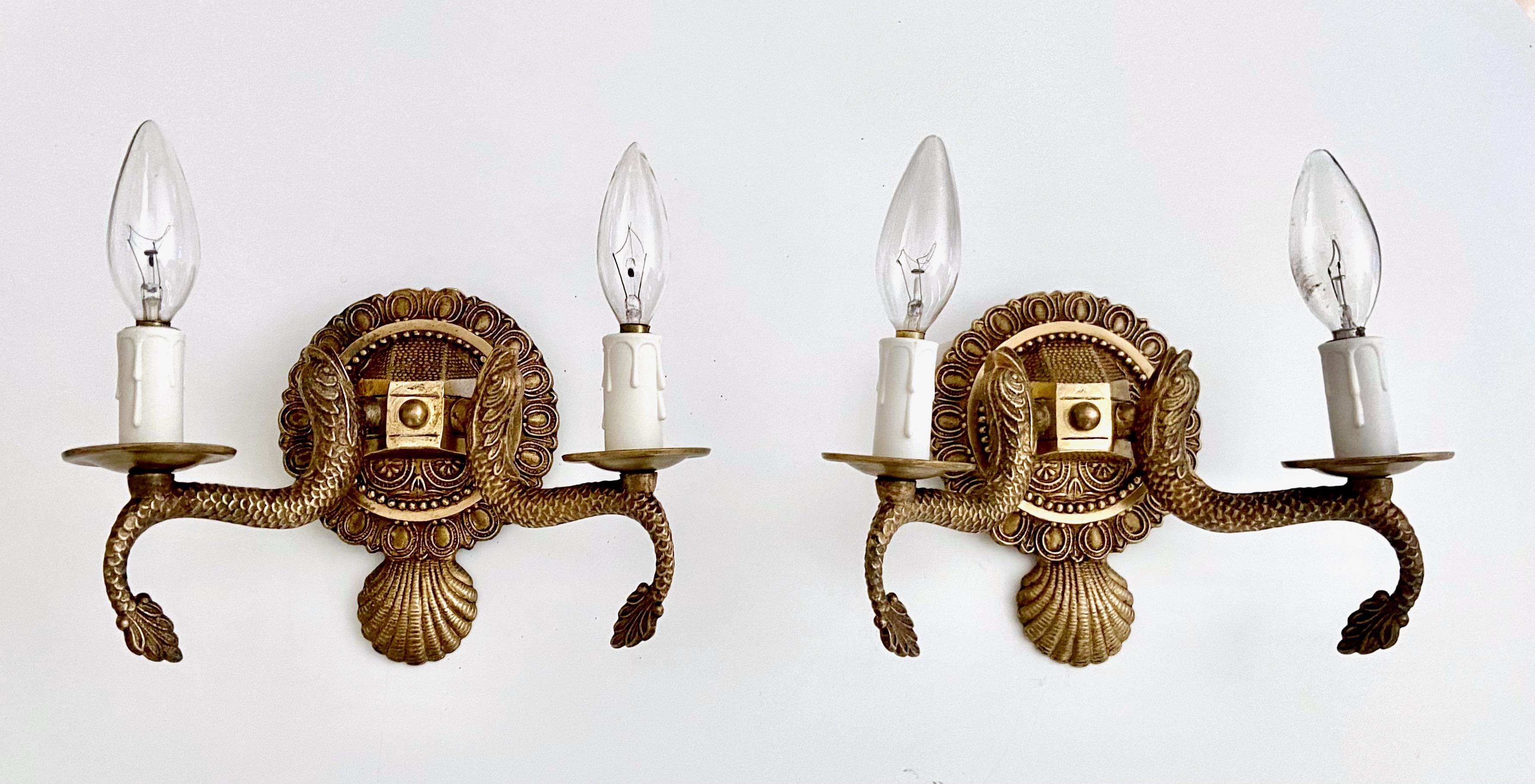 Pair Neoclassic Dolphin Shell Brass Wall Sconces For Sale 1