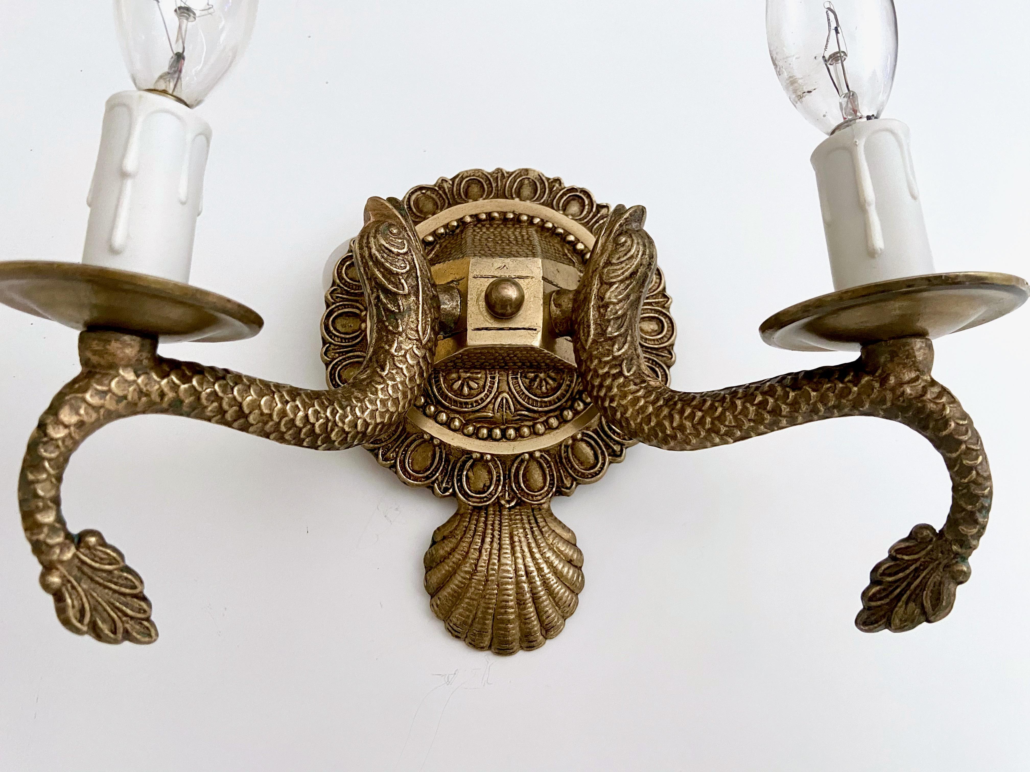 Pair Neoclassic Dolphin Shell Brass Wall Sconces For Sale 3