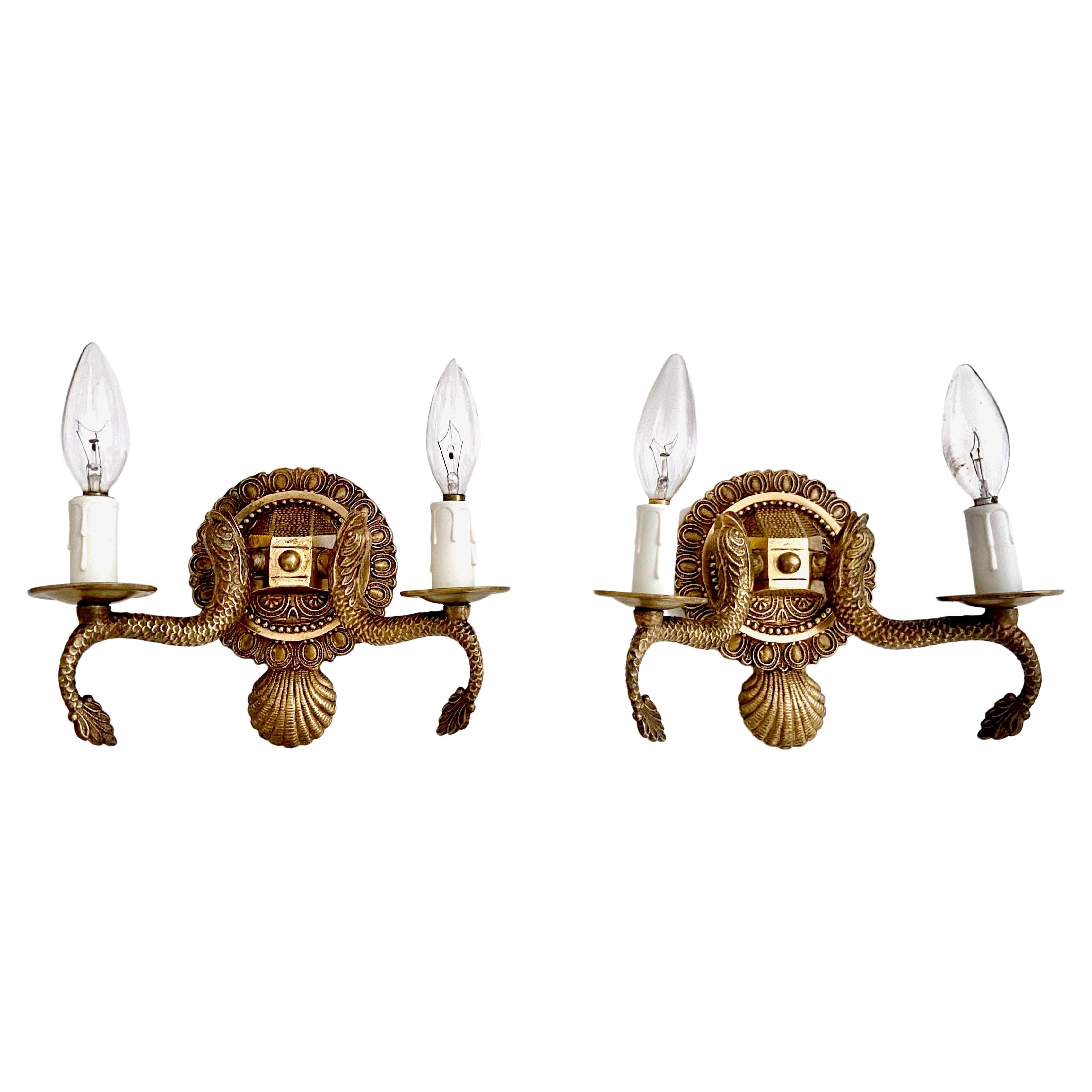 Pair Neoclassic Dolphin Shell Brass Wall Sconces For Sale