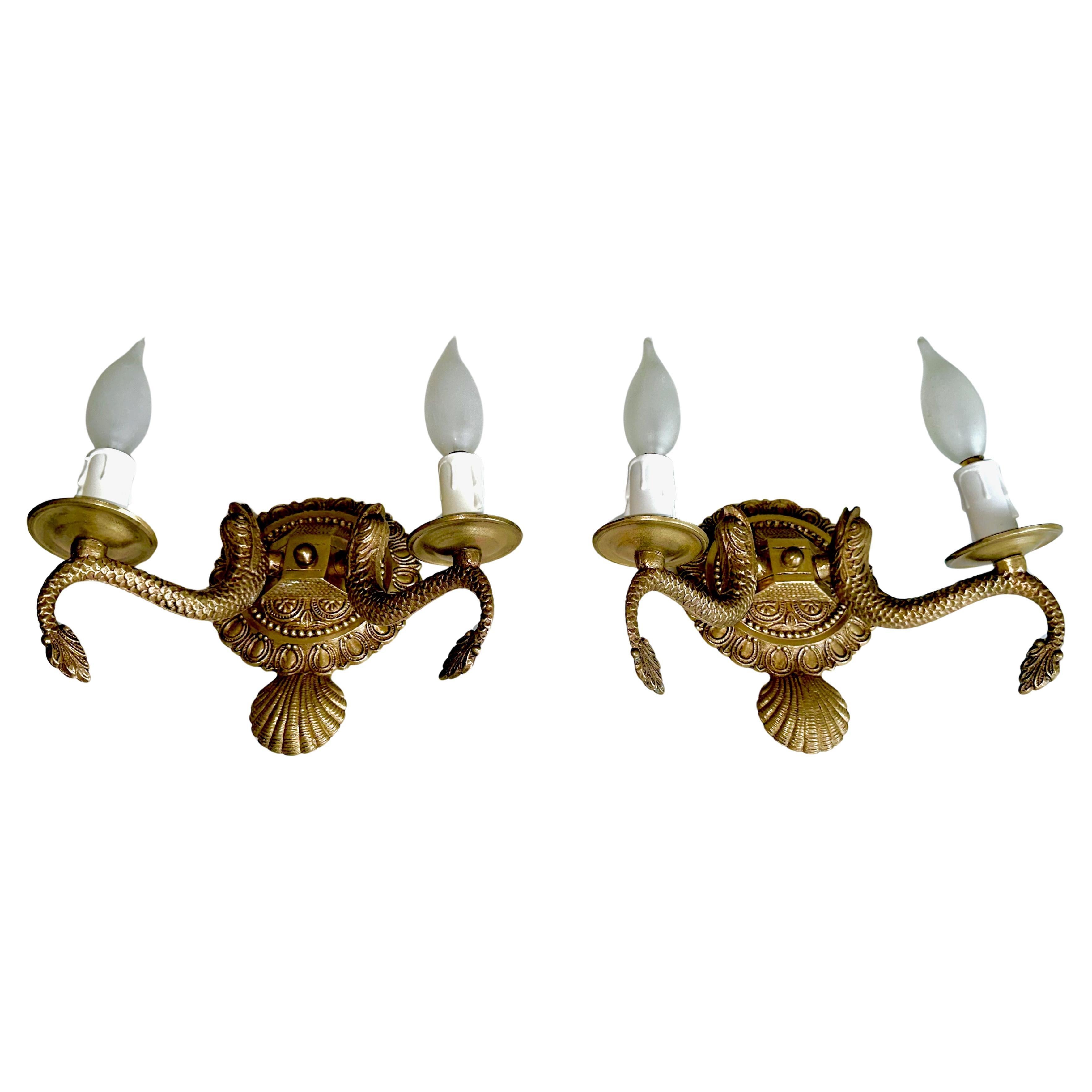 Pair Neoclassic Dolphin Shell Brass Wall Sconces