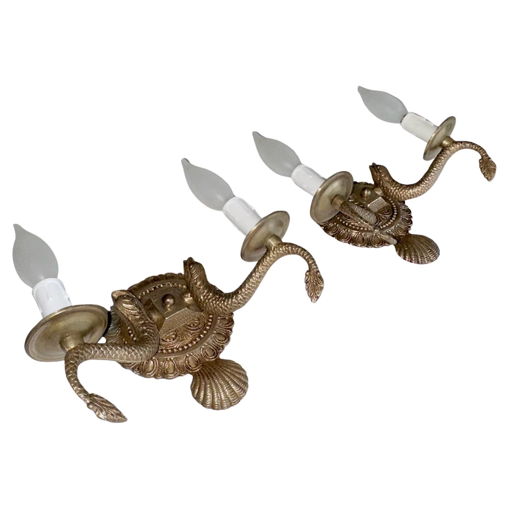 Pair Neoclassic Dolphin Shell Brass Wall Sconces