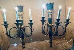 Pair Neoclassic Italian Carved Wood Iron Black Gold Painted Arrow Wall Sconces