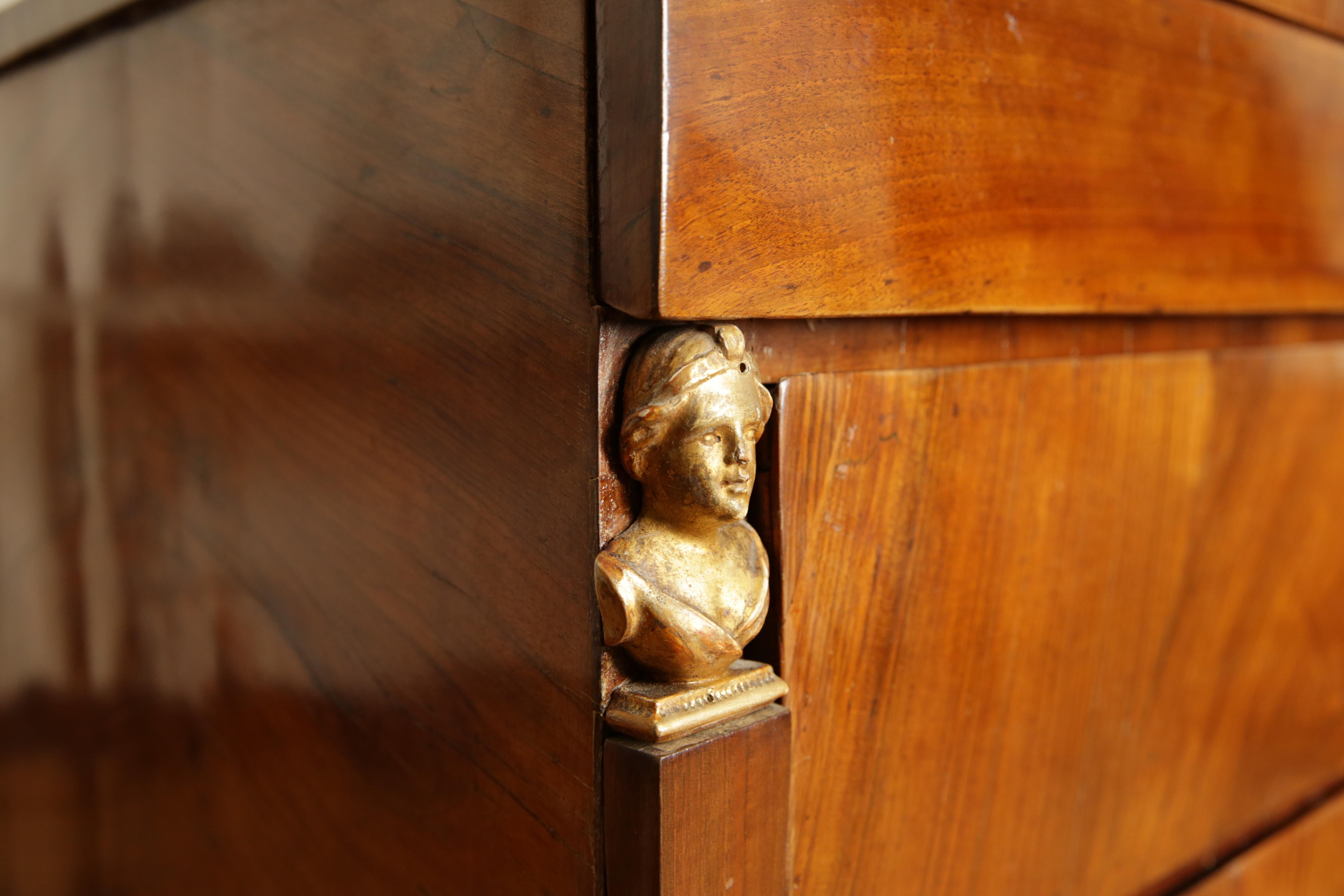 Pair Neoclassic Northern Italian Walnut & Giltwood 3-Drawer Commodes, 1stq 19thc 5