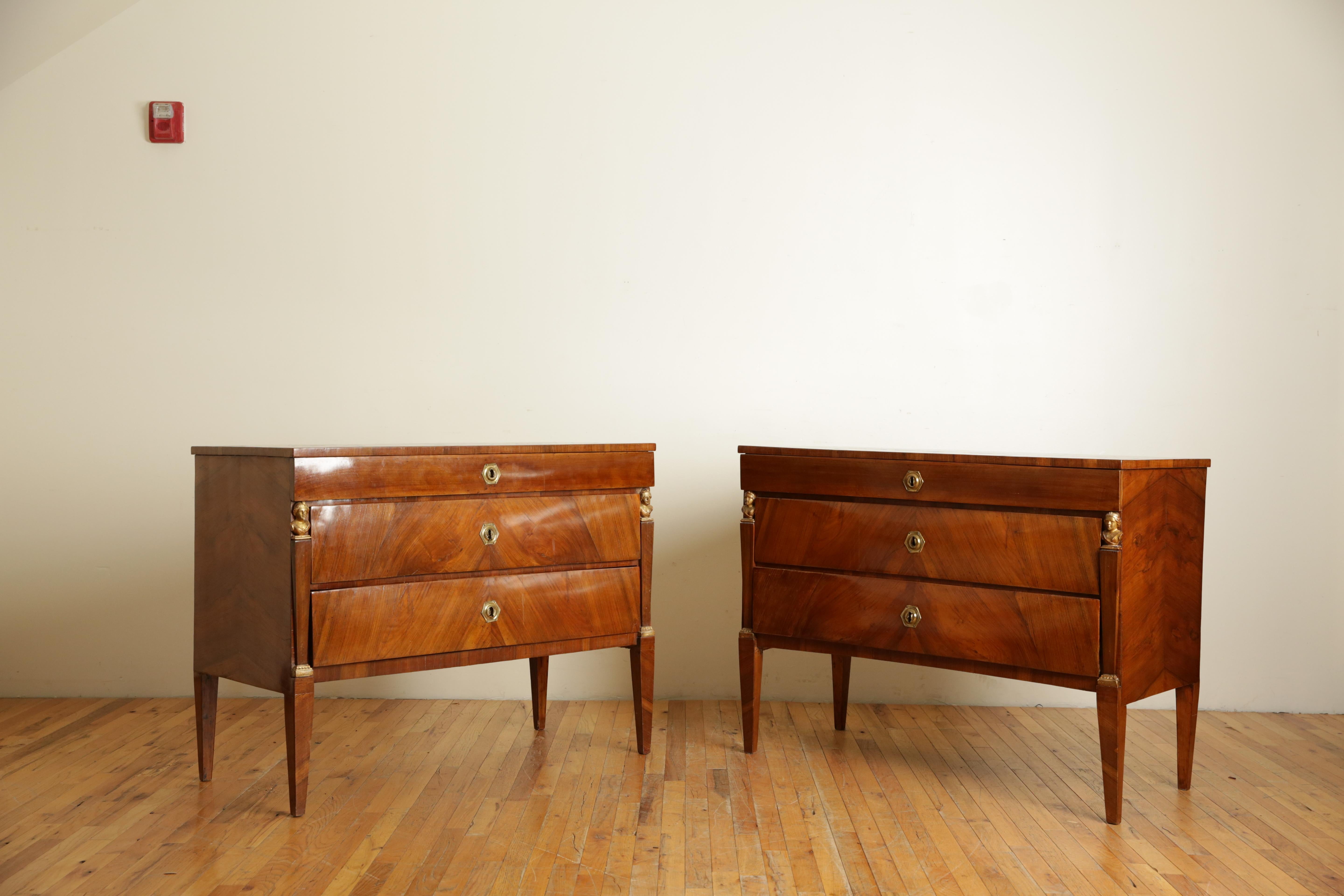 Neoclassical Pair Neoclassic Northern Italian Walnut & Giltwood 3-Drawer Commodes, 1stq 19thc