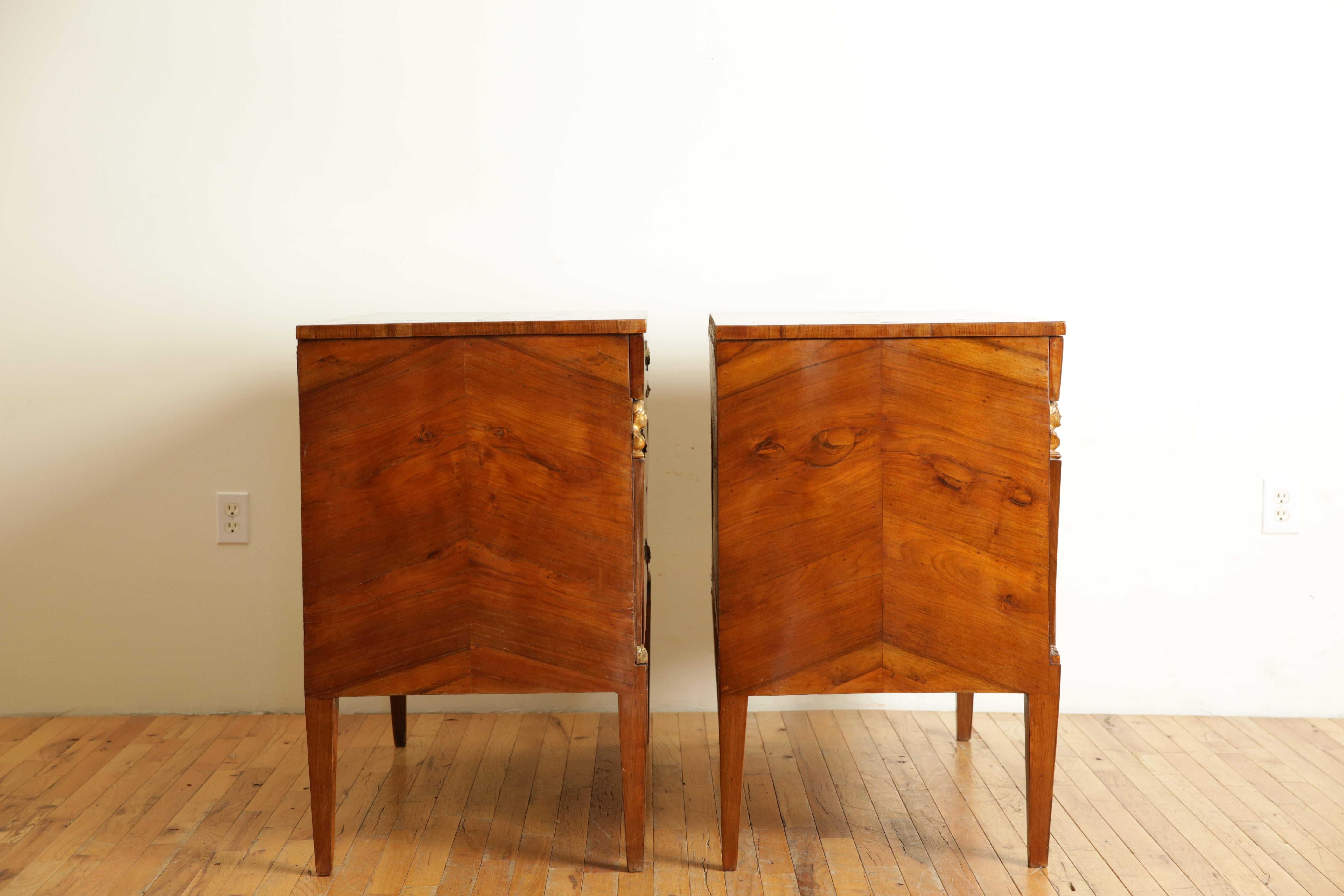 Early 19th Century Pair Neoclassic Northern Italian Walnut & Giltwood 3-Drawer Commodes, 1stq 19thc