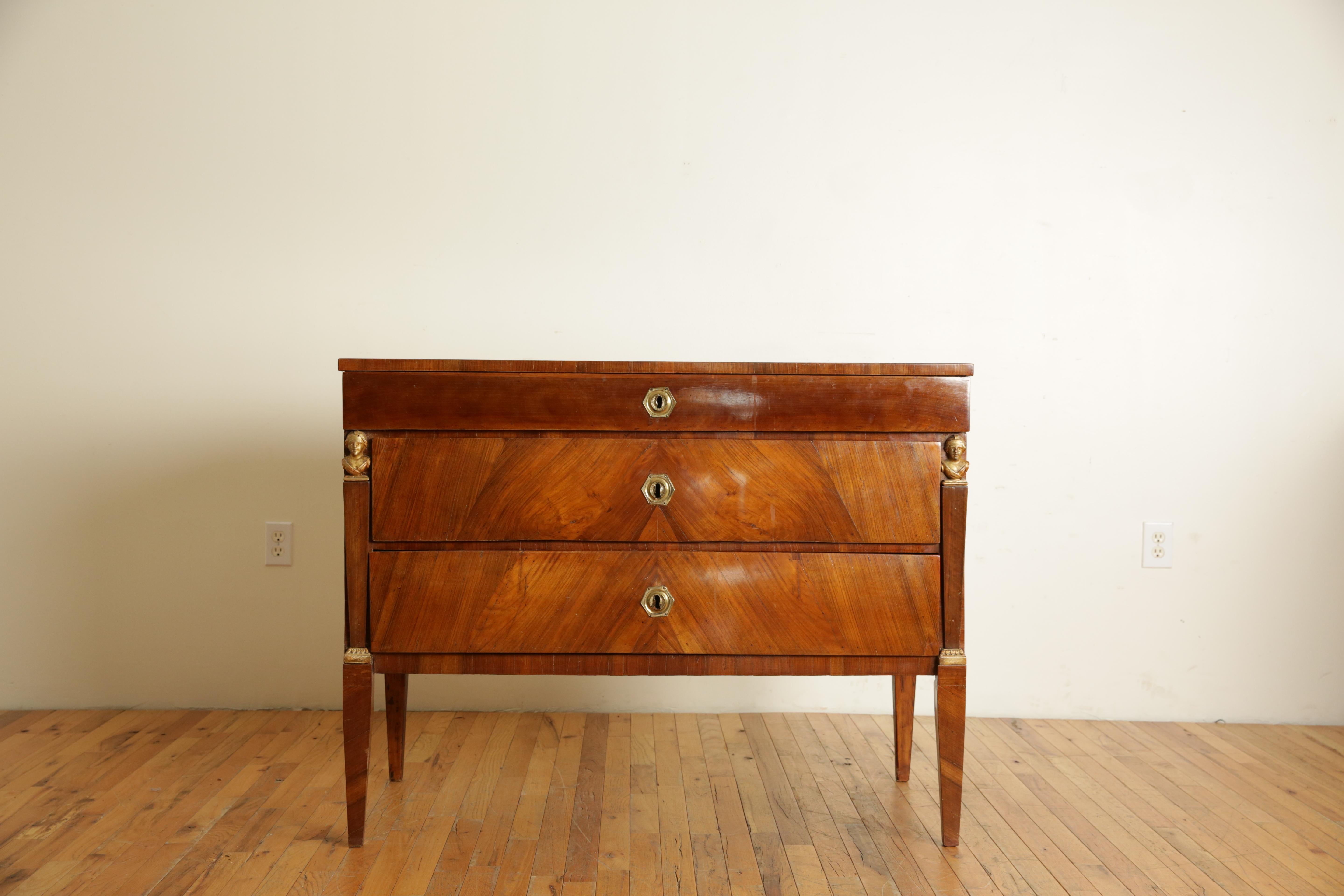 Pair Neoclassic Northern Italian Walnut & Giltwood 3-Drawer Commodes, 1stq 19thc 1