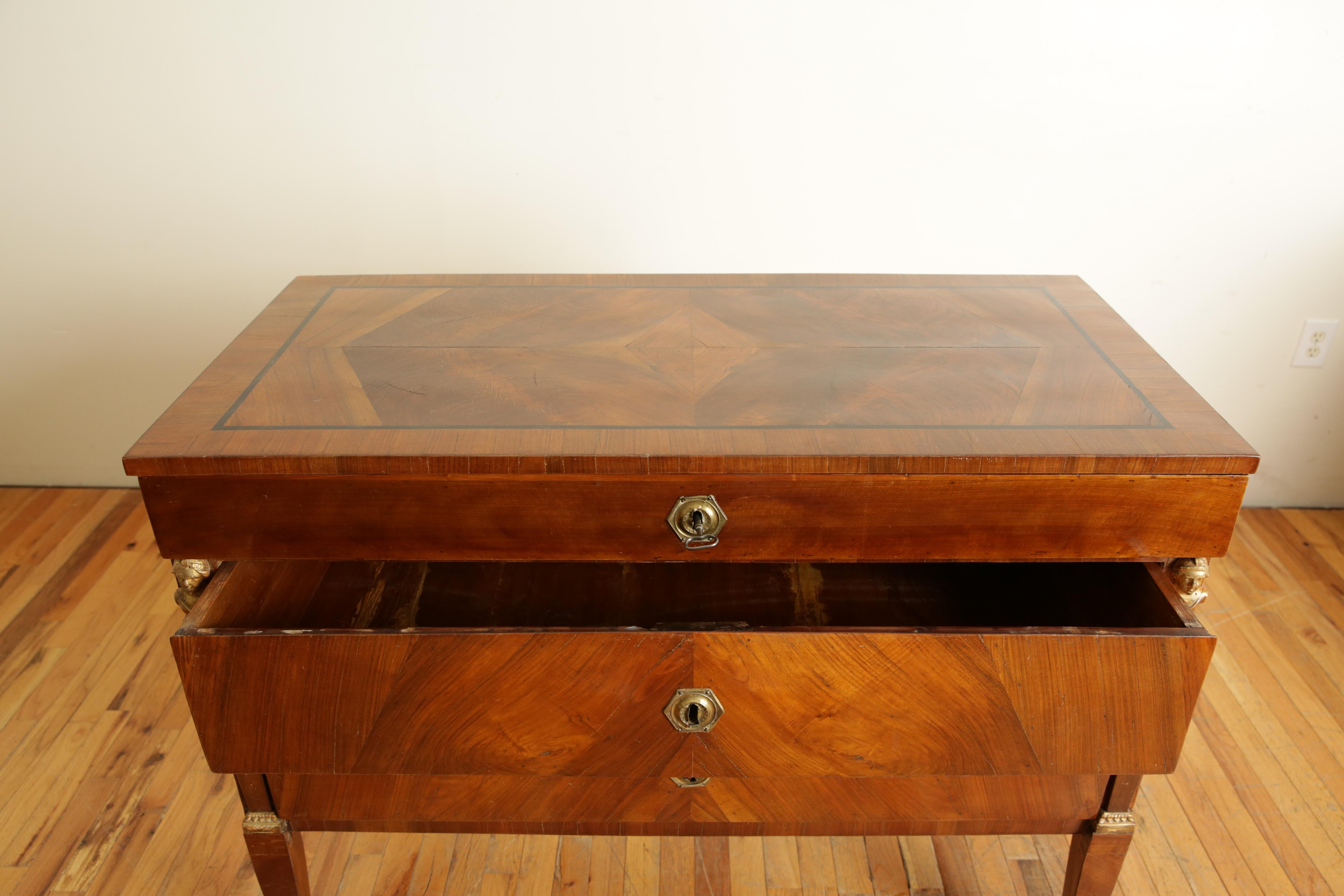 Pair Neoclassic Northern Italian Walnut & Giltwood 3-Drawer Commodes, 1stq 19thc 2