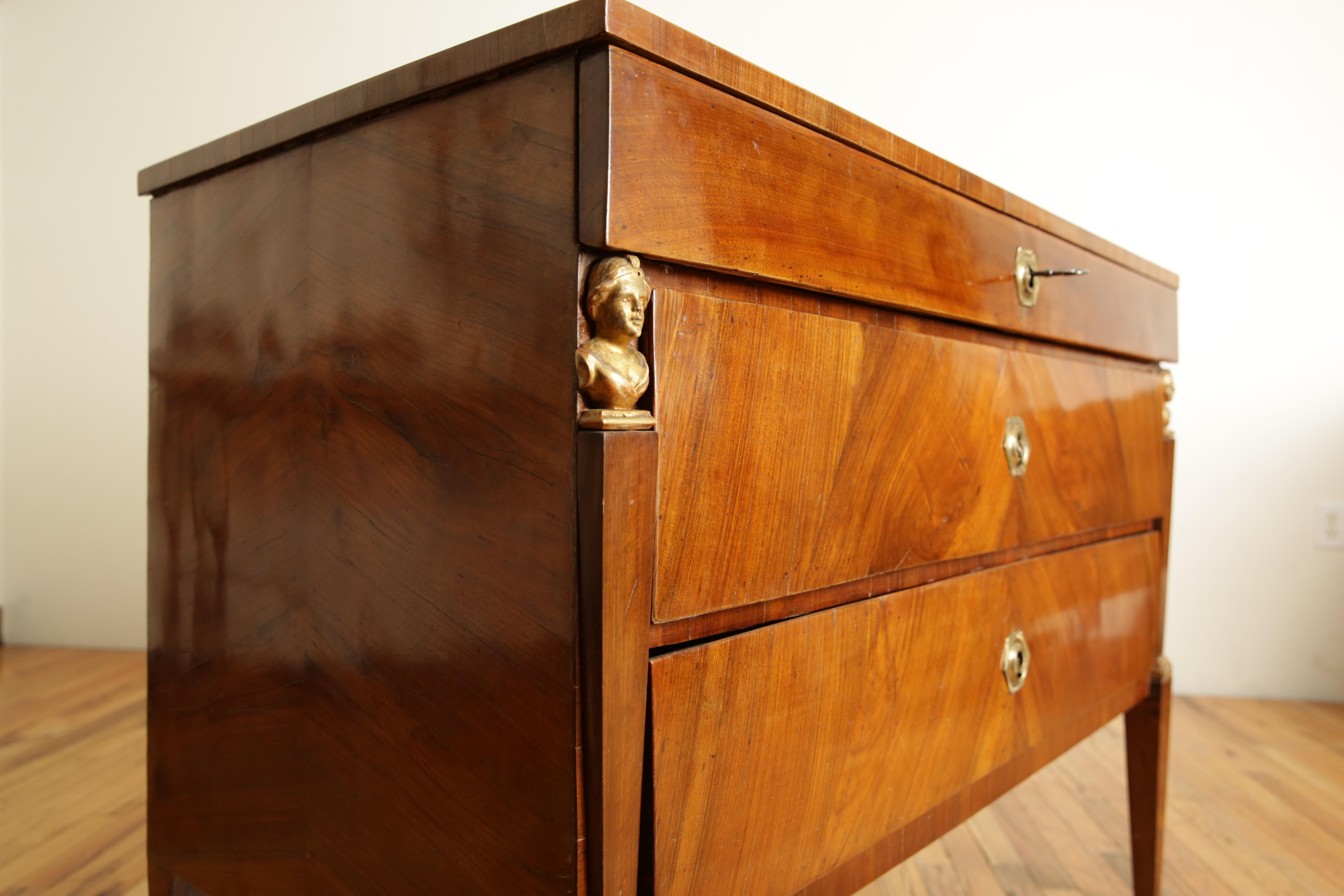 Pair Neoclassic Northern Italian Walnut & Giltwood 3-Drawer Commodes, 1stq 19thc 3