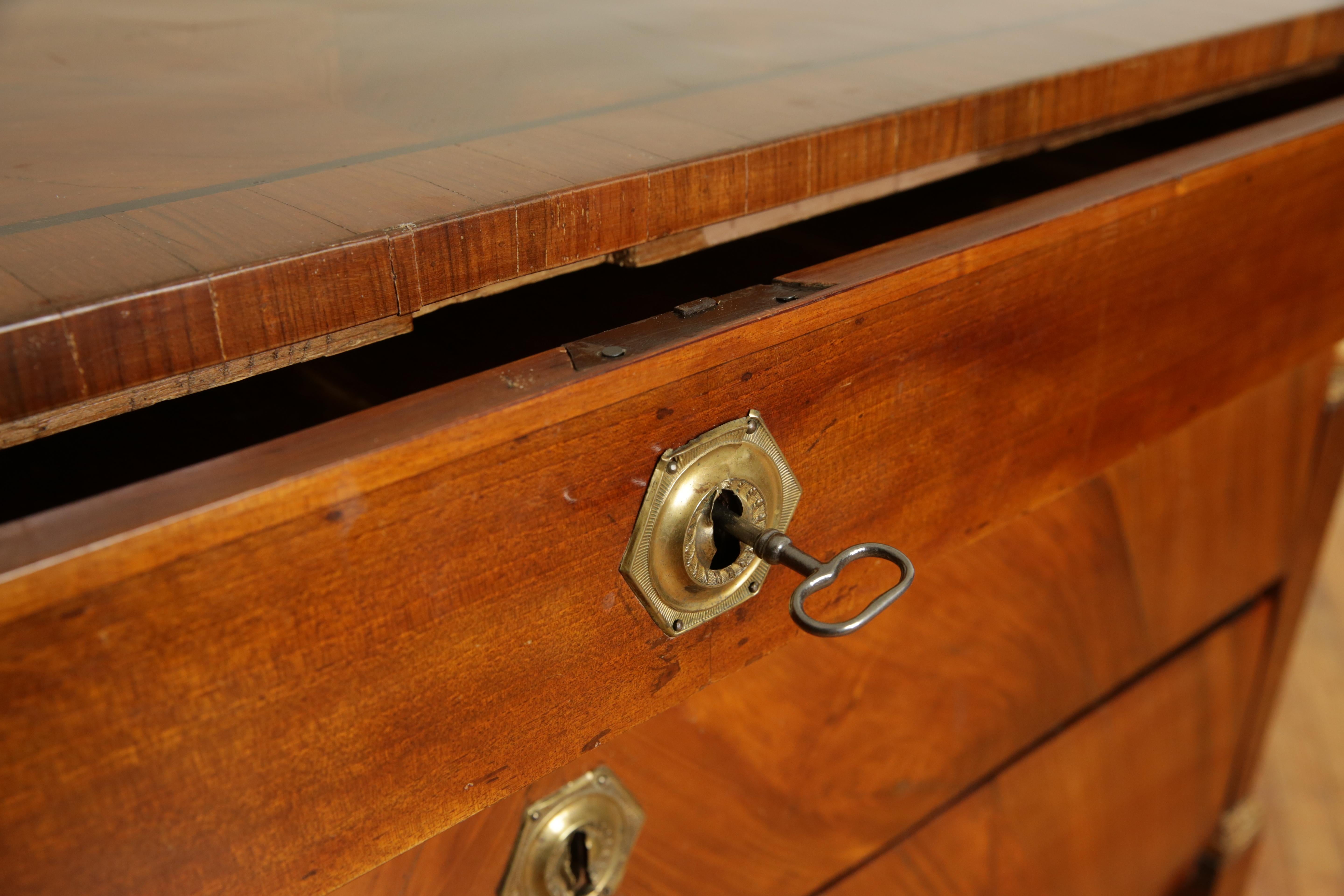 Pair Neoclassic Northern Italian Walnut & Giltwood 3-Drawer Commodes, 1stq 19thc 4